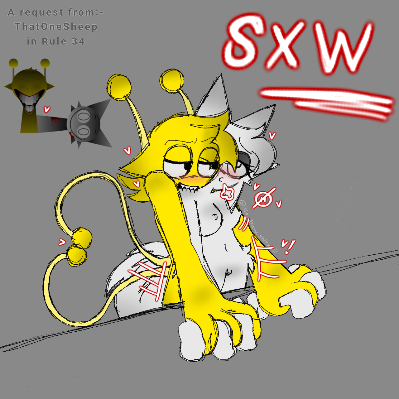 1boy, 1girls, 2d, alien boy, backshots, biting shoulder, blush, breasts, cartoony, cat ears, cat tail, catgirl, digital art, female, holding hands, idk what to tag it, looking pleasured, male, male behind female, male penetrating female, male/female, pleasured female, pussy, simon (sprunki), sprunki, straight, two tails, wenda (sprunki), white (sprunki), white fur, yellow (sprunki), yellow skin