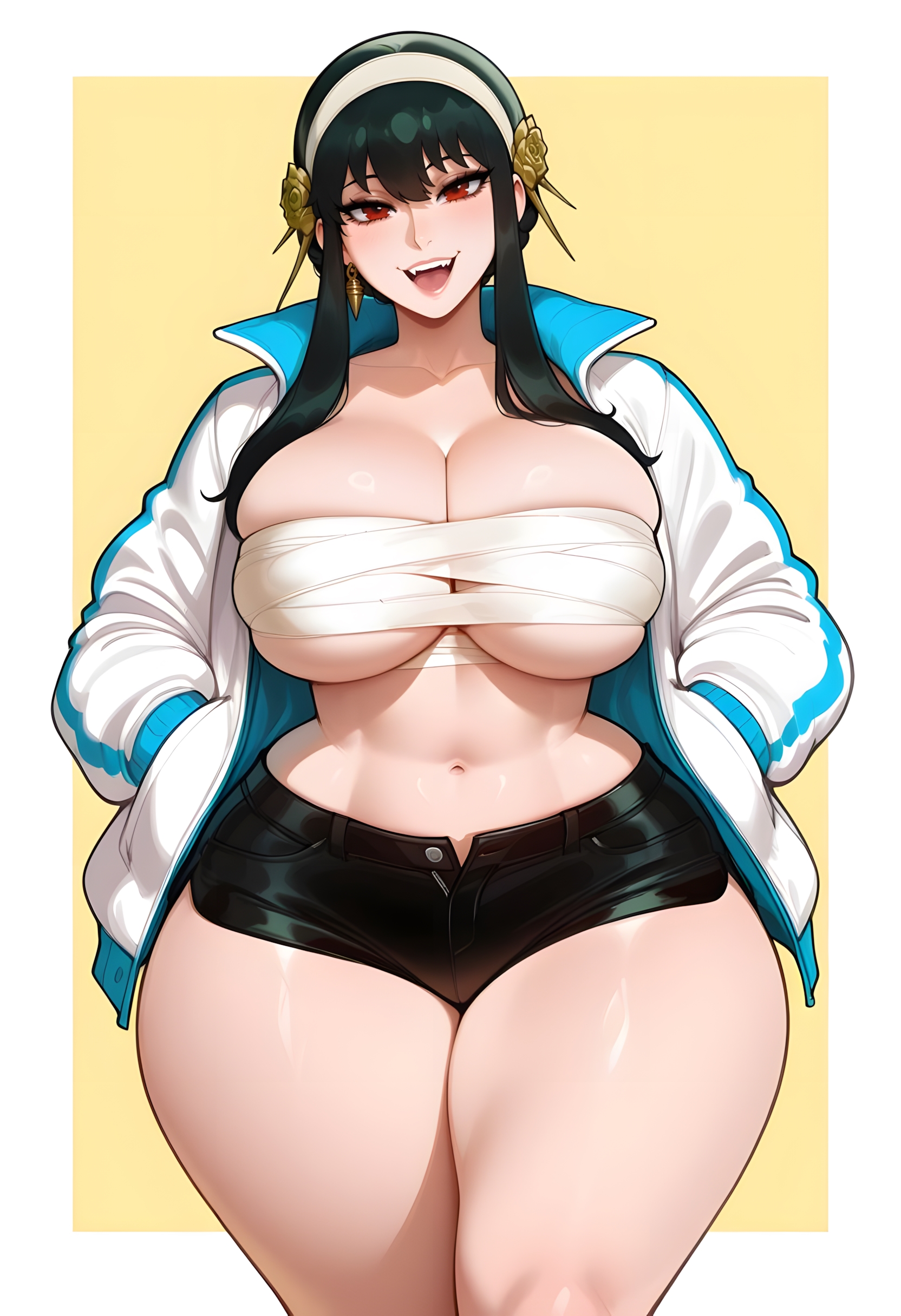 1girls, ai, ai generated, black hair, busty, clothing, curvaceous, curvy, curvy body, curvy female, curvy figure, dreamcoreart, female, female only, hi res, highres, huge breasts, large breasts, light-skinned female, long hair, looking at viewer, mischievous smile, naughty face, red eyes, solo, solo focus, spy x family, stable diffusion, standing, teasing, yor briar, yor forger