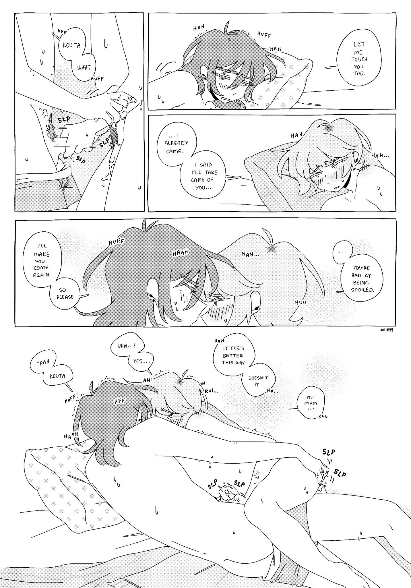 2boys, ahoge, anal fingering, arm grab, artist name, ass, balls, bed, bed sheet, blonde hair, blush, brown hair, close-up, closed eyes, comic, completely nude, cum, cum on balls, cum on hand, dialogue, dyed hair, ear piercing, earrings, english text, erection, eyebrows visible through hair, full-face blush, greyscale, half-closed eyes, hand on another's arm, handjob, happy trail, juliegg, kouta (juliegg), long hair, looking at another, looking at partner, looking pleasured, lying, lying on bed, lying on side, male pubic hair, moaning, moaning name, mole, mole under eye, mole under mouth, monochrome, motion lines, mutual masturbation, original, penis, penis grab, pubic hair, romantic, rui (juliegg), screentone, shoulder blush, sound effects, speech bubble, sweat, sweatdrop, trembling, underwear, underwear down, unseen male face, watermark, white background, wholesome, yaoi