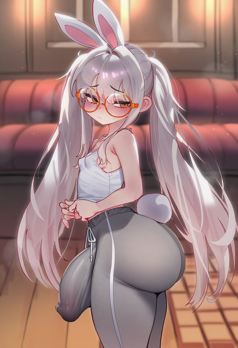 1futa, 1girls, 2d, ai generated, animal ears, ass, bare shoulders, big ass, big butt, big cock, big penis, blush, breasts, bulge, bulge through clothing, bulge under clothes, bunny ears, bunny girl, camisole, closed mouth, cock, covered nipples, covered penis, embarrassed, emsauce, erection, erection under clothes, futa only, futanari, glasses, grey hair, grey pants, huge cock, indoors, large ass, large butt, large cock, large penis, large thighs, long hair, looking at viewer, nipple bulge, orange eyes, original, original character, pants, penis, penis bulge, rabbit ears, rabbit tail, round eyewear, small breasts, solo, solo futa, tail, thick ass, thick butt, thick cock, thick penis, thick thighs, thighs, twintails, very long hair, white hair, yoga pants