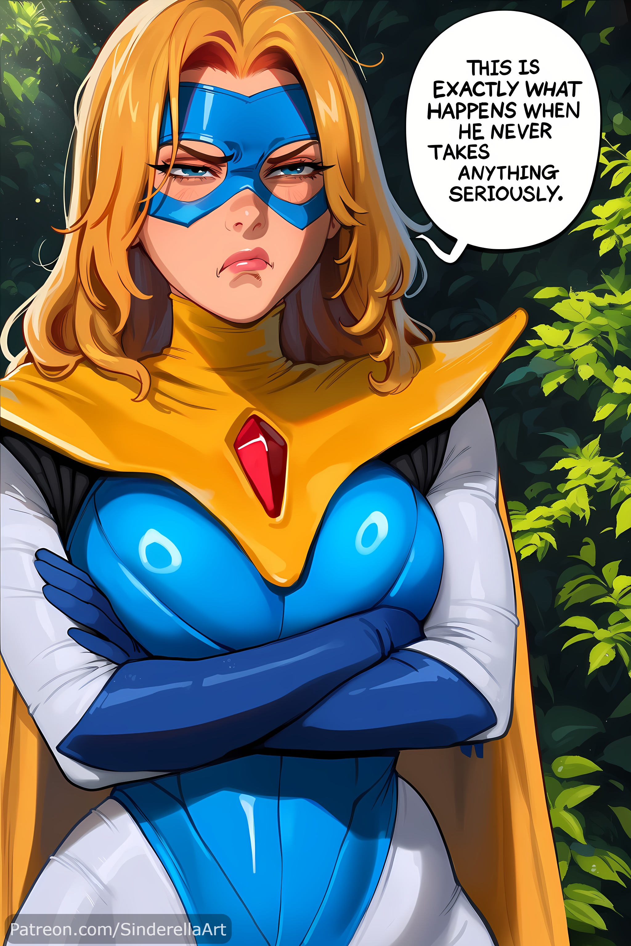 ai generated, annoyed, annoyed expression, blonde, blonde blazer, blonde female, blonde hair, blonde hair female, blue eyes, busty, caption, comic, comic page, commission, curvaceous, curvaceous body, curves, curvy, curvy body, curvy female, curvy figure, dialogue, dispatch (game), english text, heroine, hourglass figure, large breasts, light skin, light-skinned female, outdoors, patreon, patreon url, patreon username, public, sinderellaart, superhero, superheroine, text, text bubble, thick, thick legs, voluptuous, voluptuous female