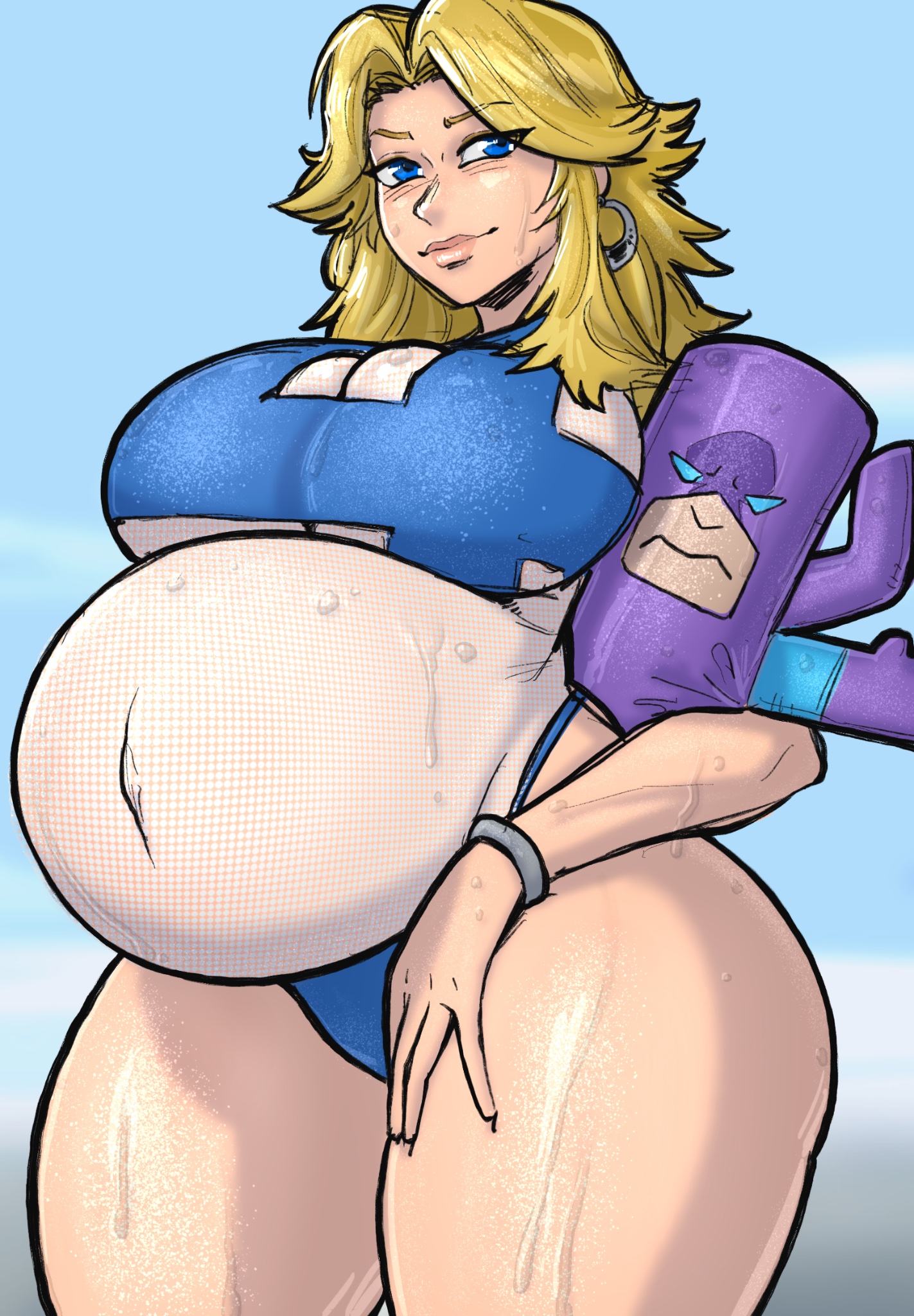 1girls, 2025, big belly, big breasts, blonde hair, blue eyes, breasts, canon pregnancy, donut doodles, earrings, fantastic four, female, female only, floatie, galactus, huge breasts, invisible woman, invisible woman (marvel rivals), large breasts, long hair, looking at viewer, marvel, marvel rivals, milf, one-piece swimsuit, pregnant, solo, solo female, sue storm, swimsuit, thick thighs, wet, wet body
