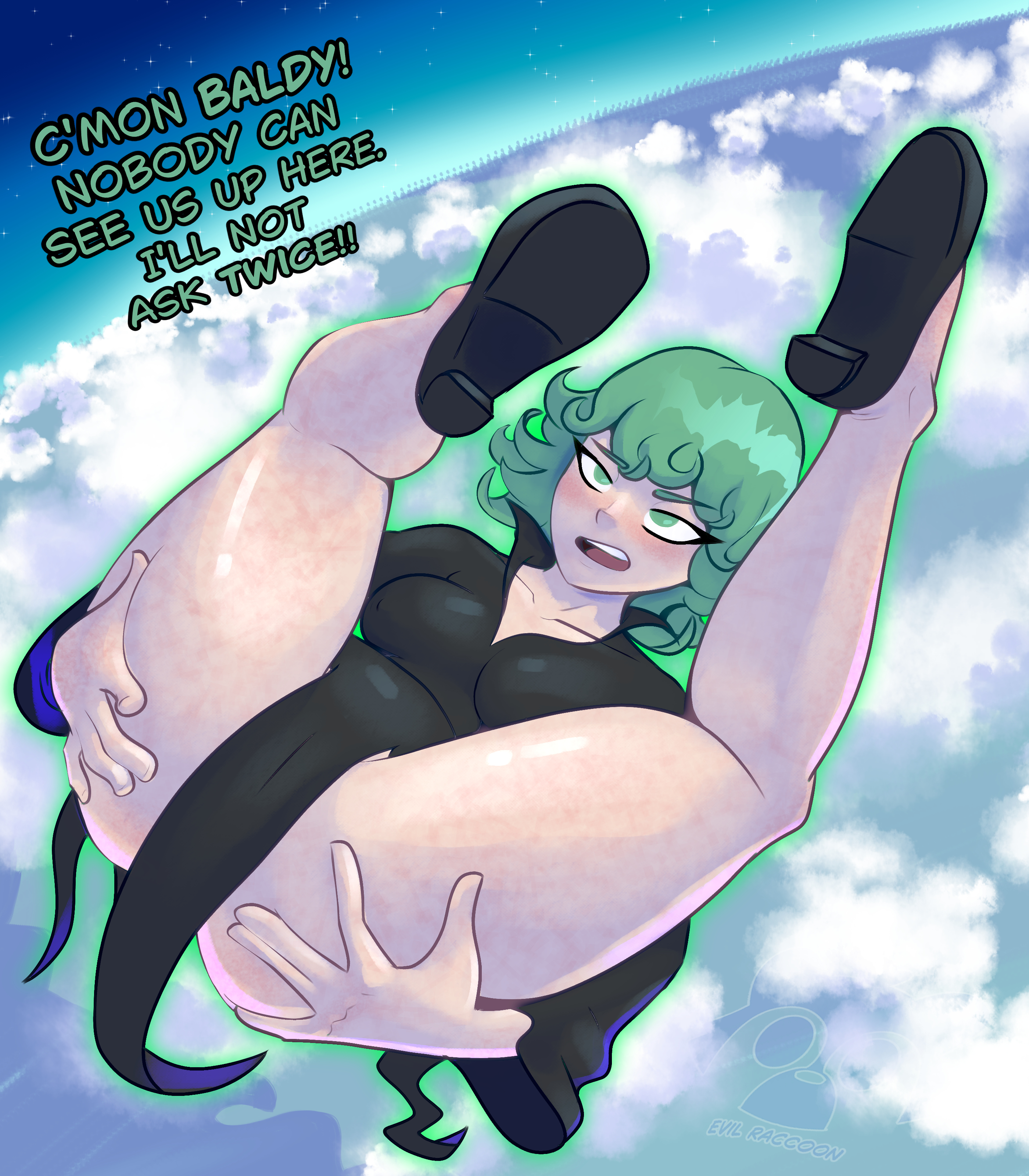 about to pound the fuck outta em, anime, ass, ass focus, ass grab, ass up, big ass, blush, dialogue, evil raccoon, green eyes, green hair, medium breasts, one-punch man, pale skin, shoes, spread legs, spreading, tatsumaki, thick, thick ass, thick thighs, thighs