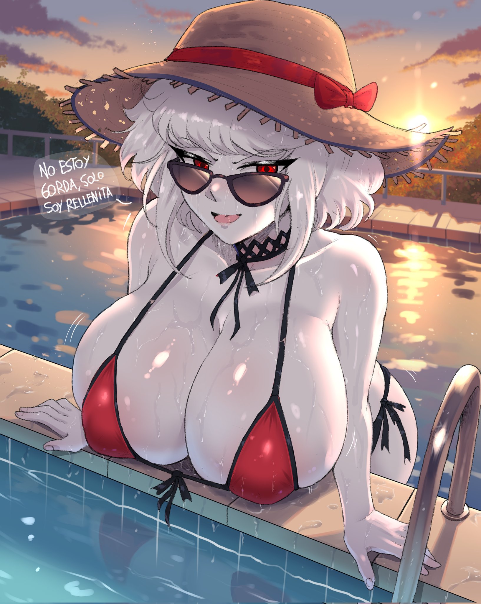 1girls, albina (tidal), albino, big breasts, bikini, bikini top, black bikini, breasts, choker, cleavage, collarbone, colored skin, dialogue, female, female only, hat, huge breasts, large breasts, latina, looking at viewer, looking over eyewear, looking over sunglasses, open mouth, original, outdoors, pool, red bikini, red eyes, short hair, smile, solo, spanish dialogue, spanish text, sun hat, sunglasses, swimsuit, text, tidal (artist), tinted eyewear, translation check, upper body, wet, white body, white hair
