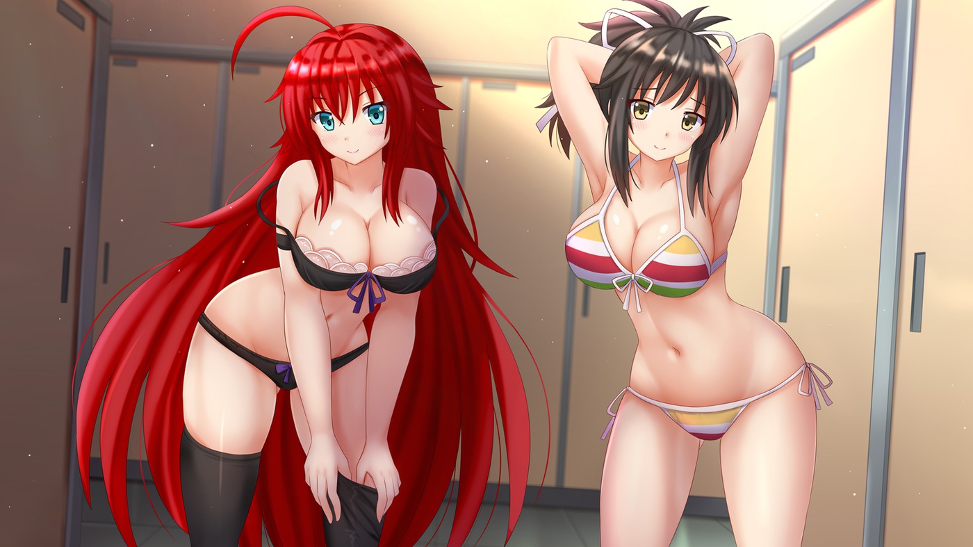 asuka (senran kagura), bikini, blue eyes, blush, bra, breasts, brown hair, crossover, female, female only, group sex, high school dxd, legwear, long hair, panties, ponytail, red hair, rias gremory, senran kagura, smile, tied hair, yellow eyes
