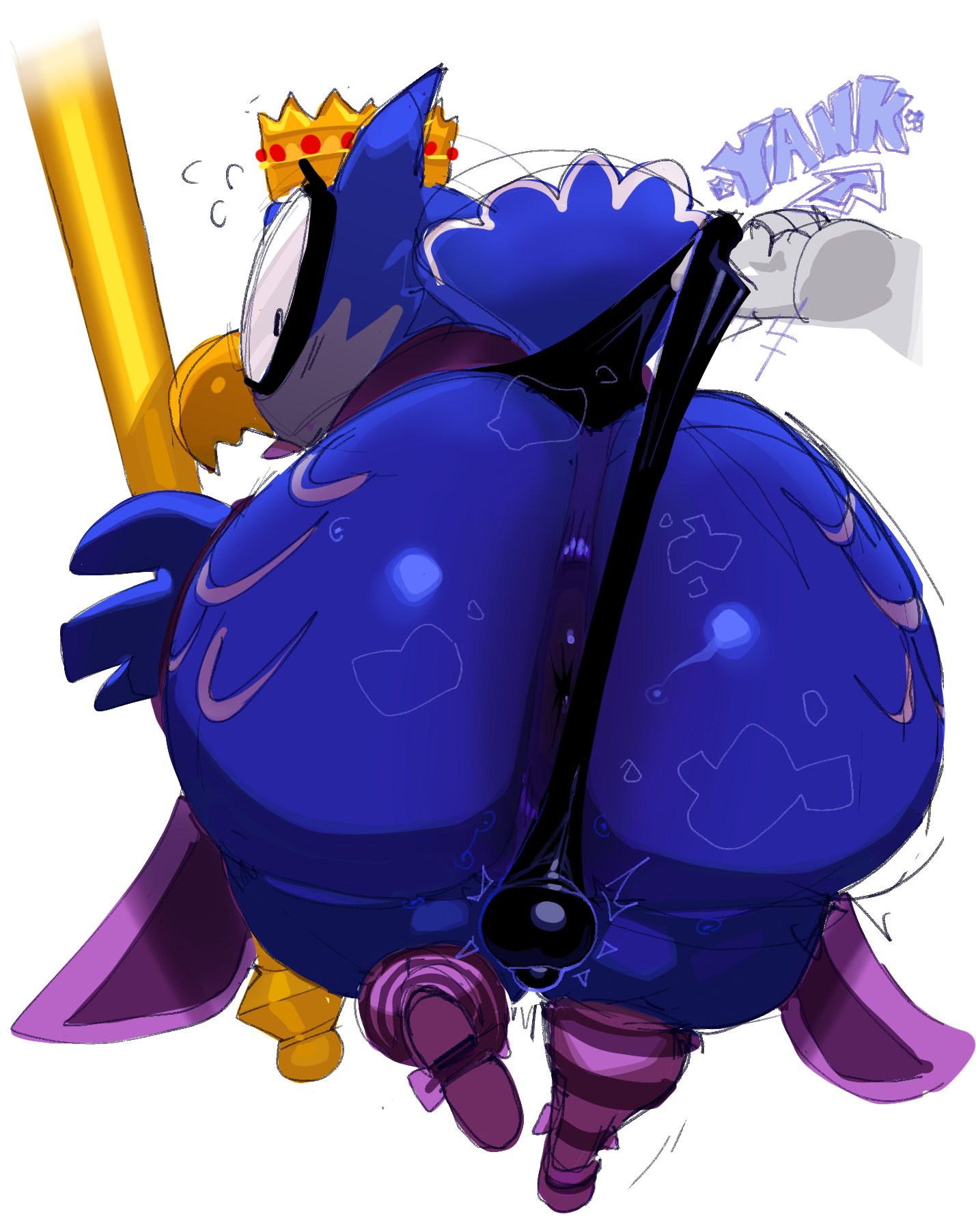 1boy, 2d, anus, anus peek, ass, ass focus, avian, balls, big ass, blue body, bubble butt, bulge, crown, demon, feathers, furry, furry male, furry only, goatboydraws, goetia, headwear, kings of hell, looking back, looking surprised, male, male only, monster, nonhuman, onomatopoeia, owl, owl demon, short, shortstack, simple background, solo, solo male, stolas (kings of hell), surprised, text, thong, tiny penis, tugging clothing, white background