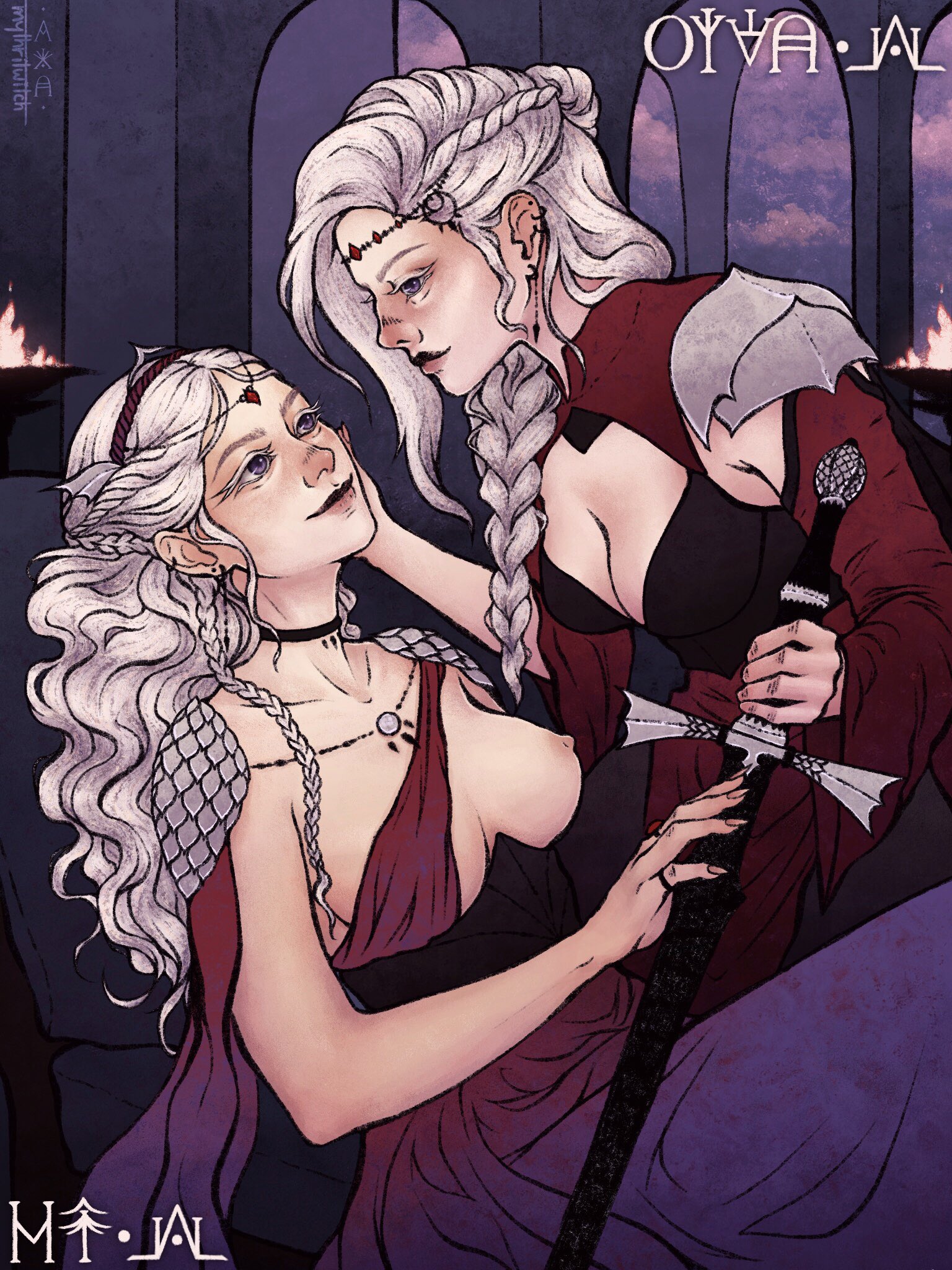 2girls, a song of ice and fire, armored, big breasts, black dress, braided hair, breasts, cleavage, crown hair ornament, dress, duo, exposed breasts, eye contact, female, female only, fire and blood, game of thrones, gothic, hair ornament, hand on face, holding sword, incest, laying down, light skin, long hair, necklace, one breast out, pale skin, pauldrons, ponytail, red dress, rhaenys targaryen, silver hair, sisters, smile, sword, touching face, vezetera, visenya targaryen, weapon, white hair, yuri