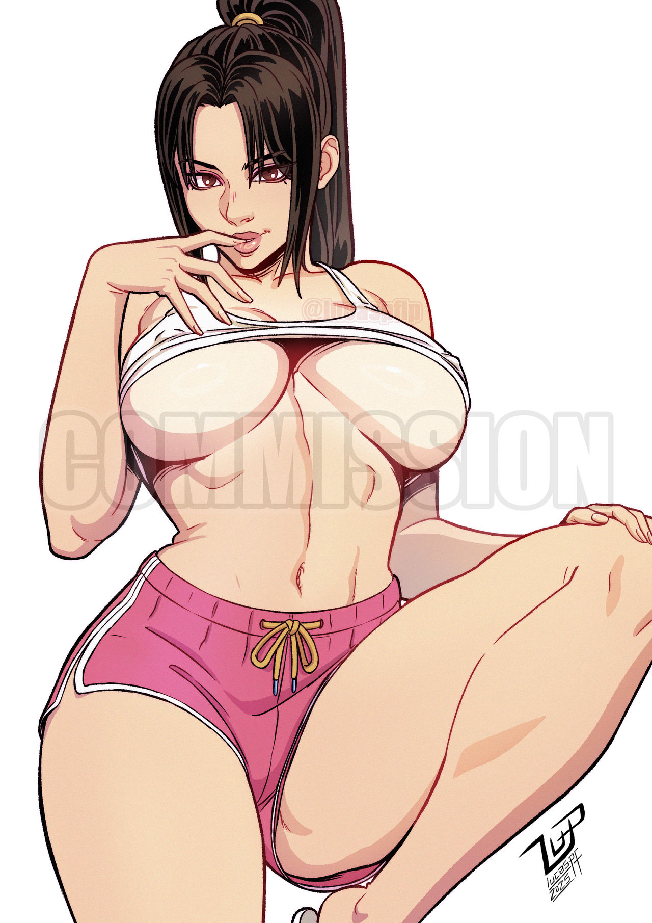 artist name, bare legs, breasts, brown eyes, brown hair, clothes lift, clothing, covered nipples, dolphin shorts, fatal fury, female, finger to mouth, hand on own knee, high ponytail, knee up, large breasts, leg up, lips, long hair, looking at viewer, lucaspflp, mai shiranui, mai shiranui (casual), navel, no bra, parted lips, pink shorts, ponytail, shirt lift, short shorts, shorts, simple background, snk, solo, stomach, street fighter, street fighter 6, tan, tank top, tanlines, thick thighs, thighs, toned, underboob, web address, white background, white tank top