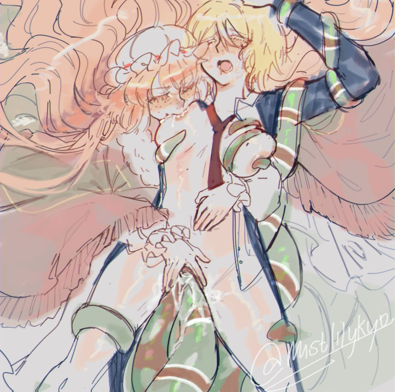 2girls, breasts, christmas clothing, christmas outfit, closed eyes, clothing, don quixote (limbus company), female, femdom, ishmael (limbus company), lesbian, limbus company, mircalladesire, nipples, open mouth, orange hair, penetration, project moon, pussy, sex, spread legs, sucking breasts, sucking tits, tentacle, tentacle sex, vaginal penetration, yellow hair, yuri