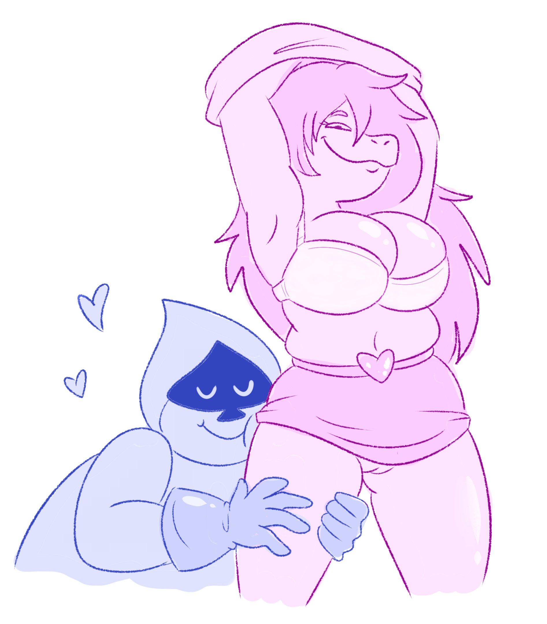 blue, cleavage, deltarune, exposed pussy, female, lancer (deltarune), pink, pussy, rainy (artist), skirt up, susie (deltarune), undressing