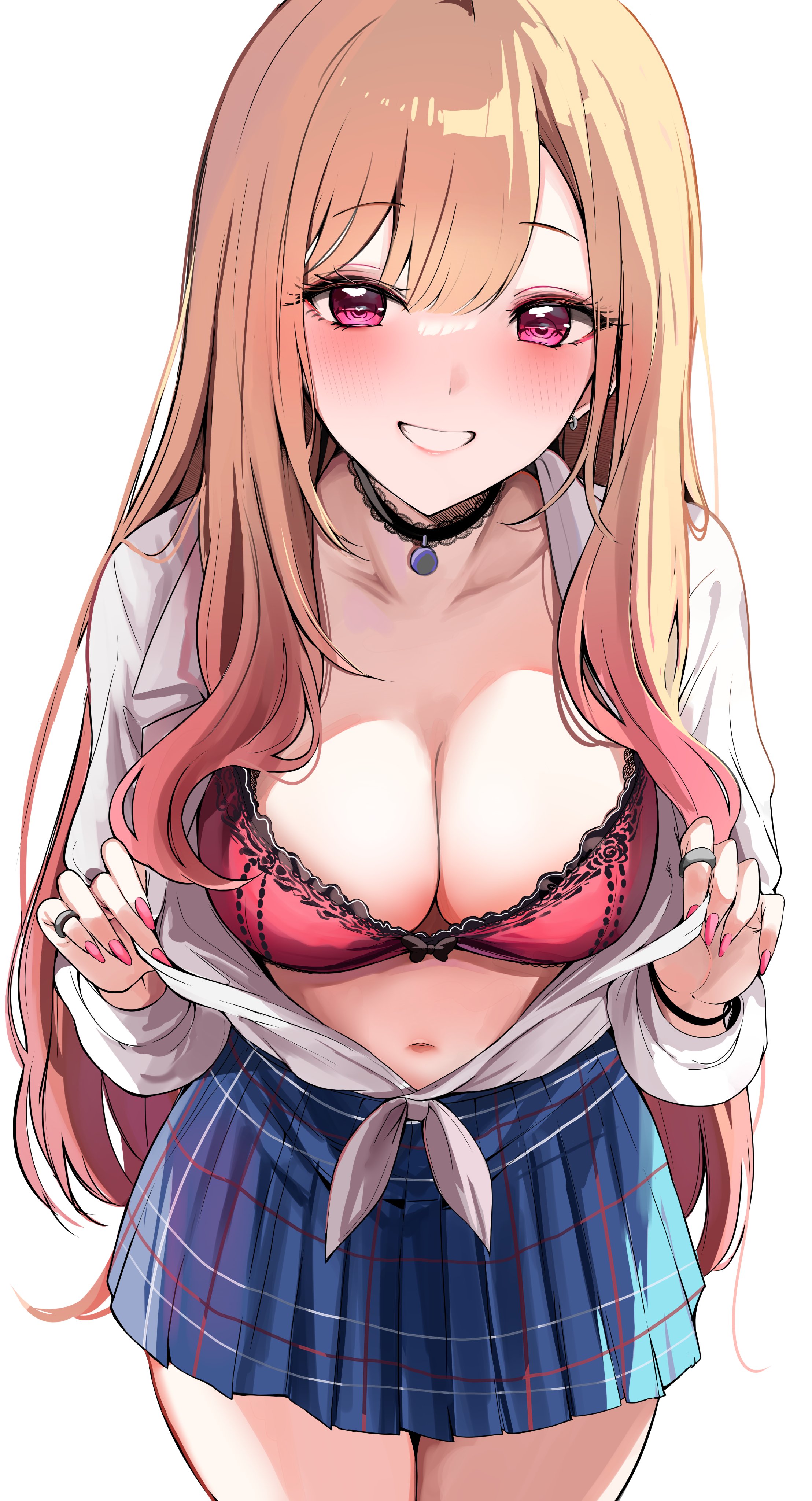 1girls, absurdres, blonde hair, blue skirt, blush, bra, breasts, cleavage, collarbone, collared shirt, cowboy shot, dress shirt, earrings, female, grin, gyaru, heart, heart-shaped pupils, highres, jewelry, kitagawa marin, large breasts, long hair, long sleeves, looking at viewer, nail polish, navel, open clothes, open shirt, pink bra, pink eyes, sak (lemondisk), school uniform, shirt, simple background, skirt, smile, solo, sono bisque doll wa koi wo suru, symbol-shaped pupils, underwear, white shirt