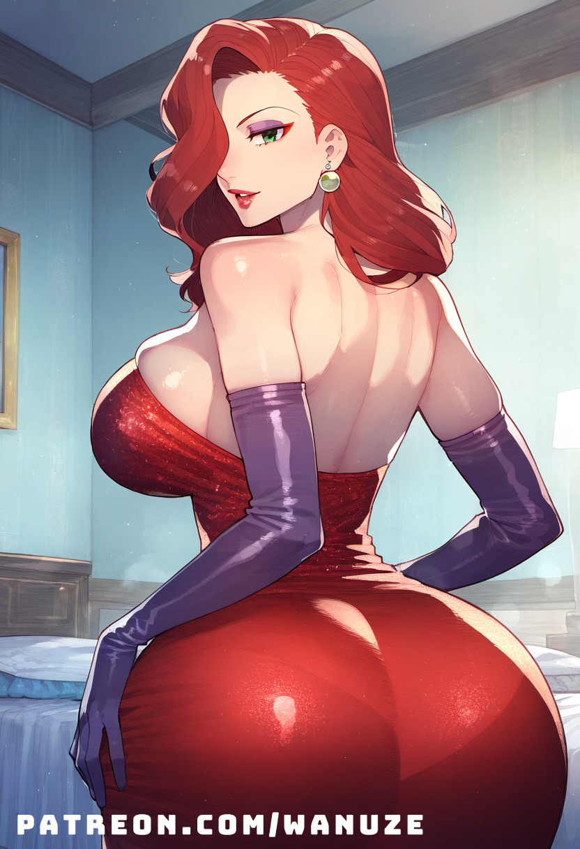 ai generated, ass, big ass, big breasts, big butt, big thighs, blush, breasts, elbow gloves, eyeshadow, female, female only, from behind, from behind position, hair over one eye, huge ass, huge breasts, huge butt, huge thighs, jessica rabbit, lipstick, purple gloves, red dress, wanuze, who framed roger rabbit, wide hips