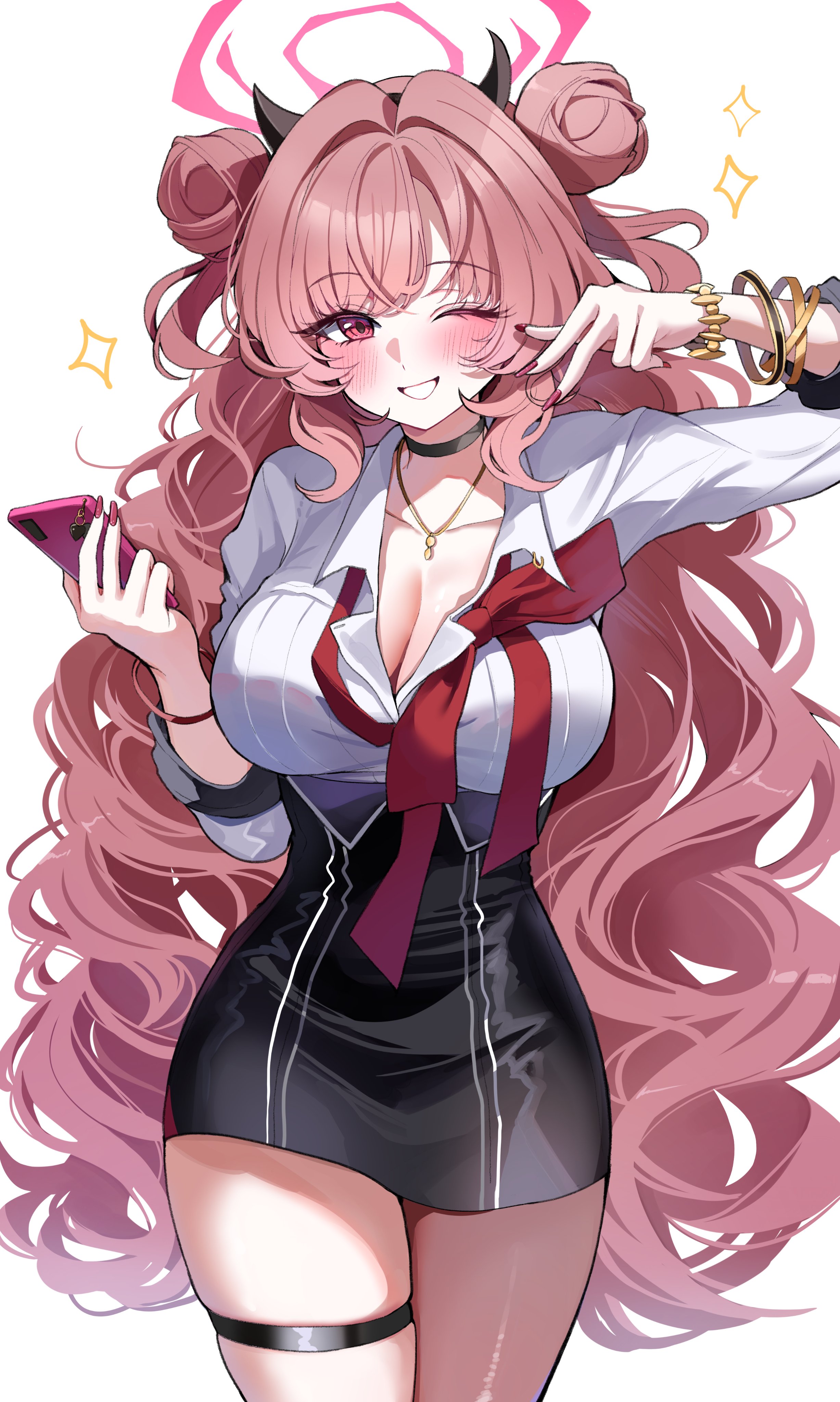 1girls, absurdres, black choker, black skirt, blue archive, breasts, cellphone, choker, cleavage, commentary, cowboy shot, double bun, female, gyaru, hair bun, halo, hands up, high-waist skirt, highres, holding, holding phone, jewelry, kirara (blue archive), large breasts, long hair, long sleeves, looking at viewer, loose necktie, miniskirt, nail polish, necklace, necktie, one eye closed, open mouth, pencil skirt, phone, pink hair, red eyes, red nails, sak (lemondisk), shirt, simple background, skirt, smartphone, smile, solo, standing, thigh strap, white background, white shirt