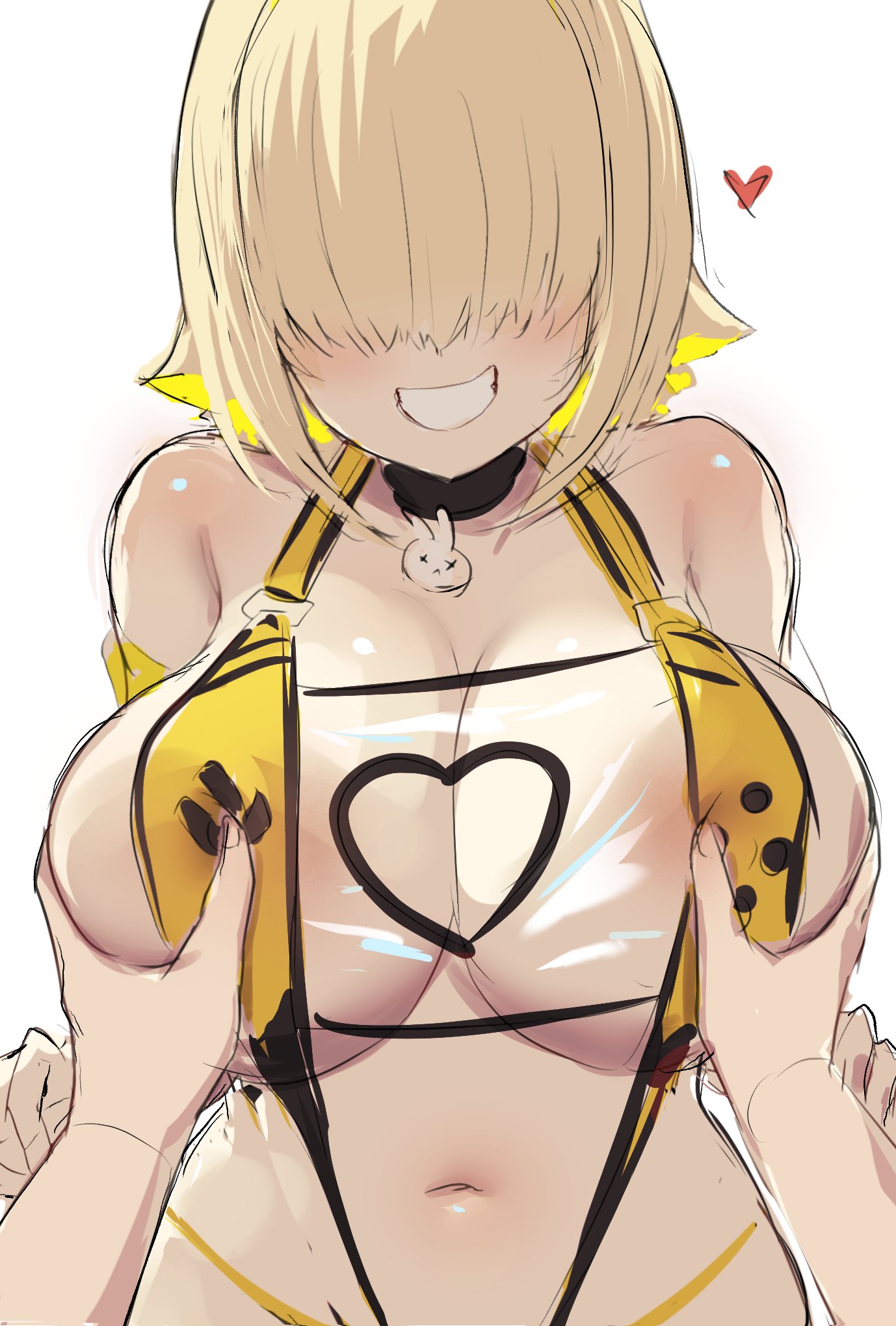 1boy, 1girls, ahoge, blonde hair, blush, breast grab, breasts, double breast grab, elegg (boom and shock) (nikke), elegg (nikke), female, goddess of victory: nikke, grabbing another's breast, grin, groping, hair over eyes, heart, highres, large breasts, long bangs, male, multicolored hair, navel, pov, shiny skin, short hair, simple background, sketch, slingshot swimsuit, smile, solo focus, swimsuit, teeth, two-tone hair, uzzy2801, white background, yellow slingshot swimsuit