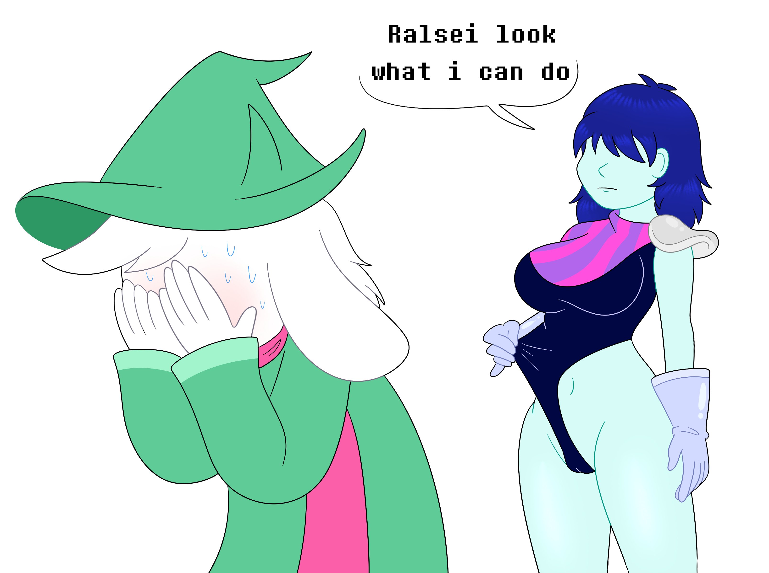 1boy, 1girls, big breasts, blue hair, blue skin, breasts, cameltoe, deltarune, english text, exposed midriff, female, female focus, human, kris (dark world form), kris (deltarune), kris female (deltarune), leotard, male, pussy, rainy (artist), ralsei, rule 63, skintight bodysuit, white fur