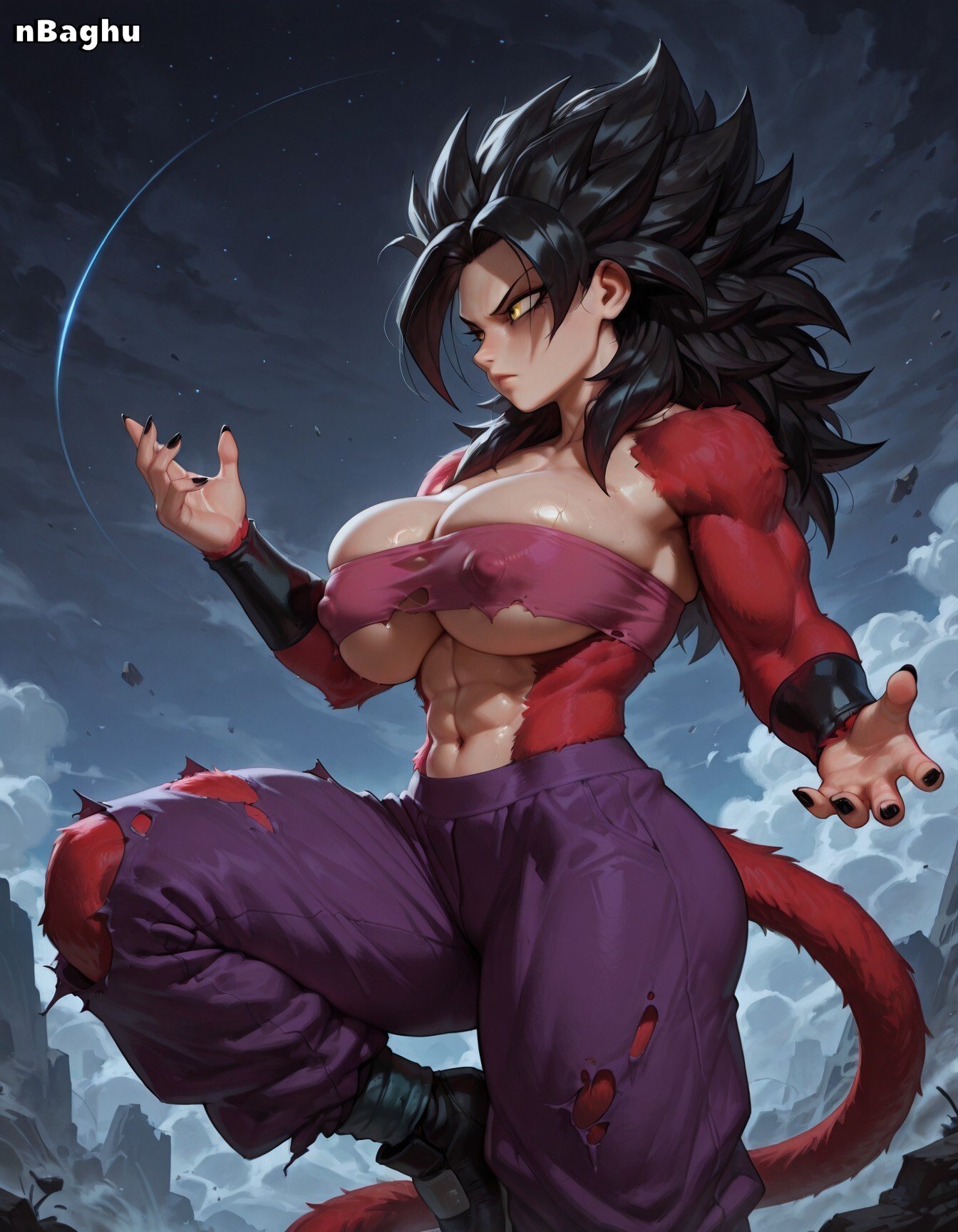 1girls, abs, ai generated, ass, big ass, black hair, black nails, breasts, caulifla, cleavage, dragon ball, dragon ball super, female, fur, highres, knee up, large breasts, monkey tail, muscular, muscular arms, muscular female, nail polish, nbaghu, nipple bulge, pants, pink topwear, pose, purple pants, red fur, saiyan, saiyan female, serious, shiny skin, solo, solo female, spiky hair, super saiyan 4, tail, thick thighs, topwear, torn clothes, underboob, yellow eyes