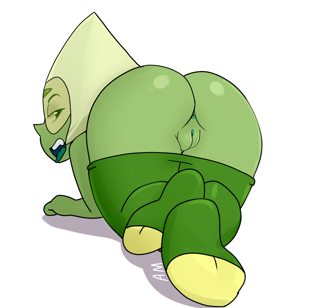 1girls, 2d, alien, alien girl, anus, arttmadness, ass, bent over, big ass, clothing, feet, female, foot fetish, foot focus, functionally nude, gem (species), green body, green skin, no penetration, no sex, open mouth, pants, pants down, peridot (steven universe), presenting, pussy, smile, socks, solo, solo female, steven universe, tongue, tongue out, white background