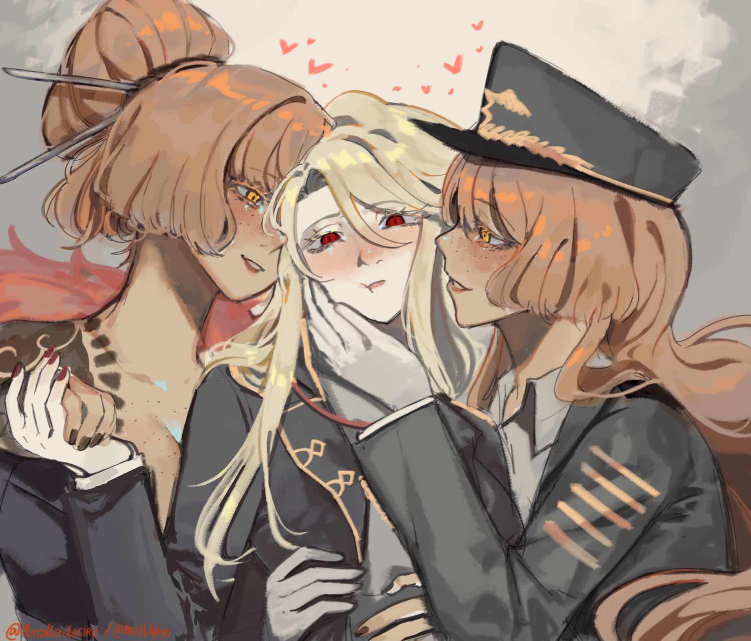 3girls, don quixote (limbus company), female, femdom, ginger, hearts around head, irezumi, ishmael (limbus company), kurokumo clan (identity) (project moon), lesbian, lesbian focus, limbus company, mircalladesire, no sex, orange hair, project moon, sancho (limbus company), tattoo, yellow hair, yuri
