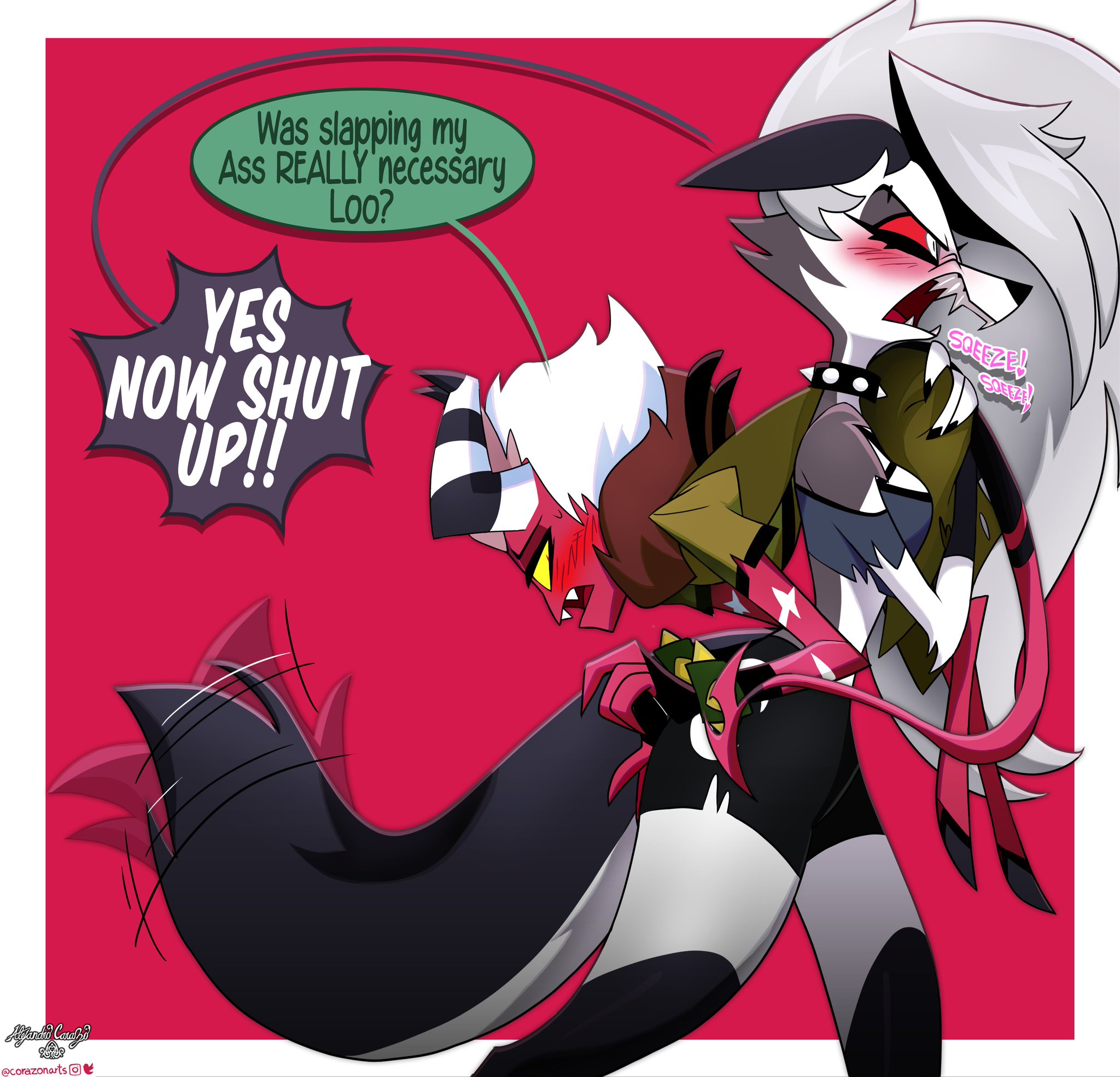 1boy, 1girls, aless (corazonarts), ass, bare shoulders, big breasts, blush, breasts, color, corazonarts, demon, demon boy, demon horns, demon tail, english text, female, furry, hellhound, helluva boss, hi res, large breasts, long hair, looking at viewer, loona (helluva boss), male, male/female, tagme, text, thick thighs, wolf, wolf ears, wolf girl, wolf tail