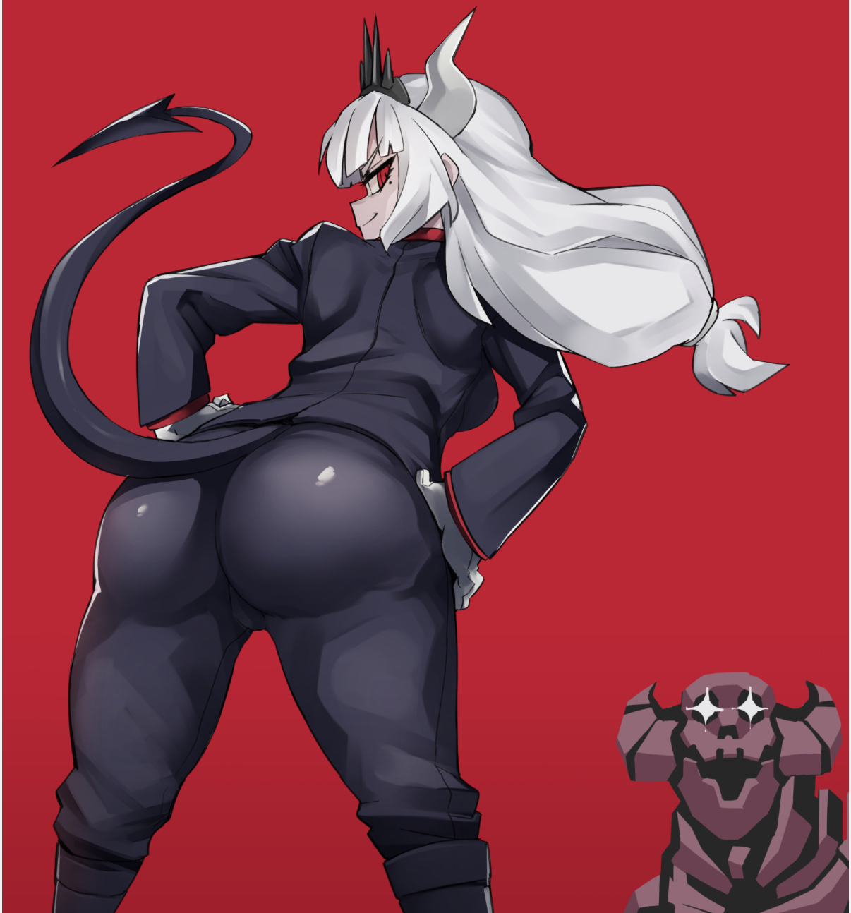 1girls, 2d, 2d (artwork), 2d artwork, ass focus, black pupils, black tail, bubble butt, clothed, clothing, colored sketch, crown, demon, demon girl, demon horns, female, fully clothed, gloves, glowing eyes, hairband, helltaker, horn, horns, huge ass, illustration, light skin, light skinned female, long hair, looking back, lucifer (helltaker), mole, mole under eye, nuezou, pervert, pinup, queen, red background, red eyes, suit, tail, tied hair, white gloves, white hair