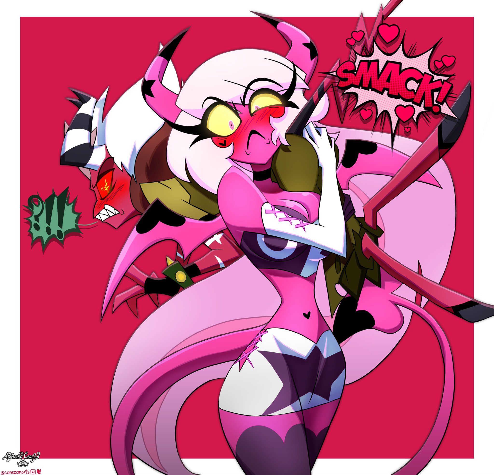 1boy, 1girls, aless (corazonarts), ass, bare shoulders, big breasts, blush, breasts, color, corazonarts, demon, demon boy, demon horns, demon tail, english text, female, helluva boss, hi res, large breasts, long hair, looking at viewer, male, male/female, smack, smacking ass, succubus, succubus horns, succubus tail, succubus wings, tagme, text, thick thighs, verosika mayday (helluva boss)