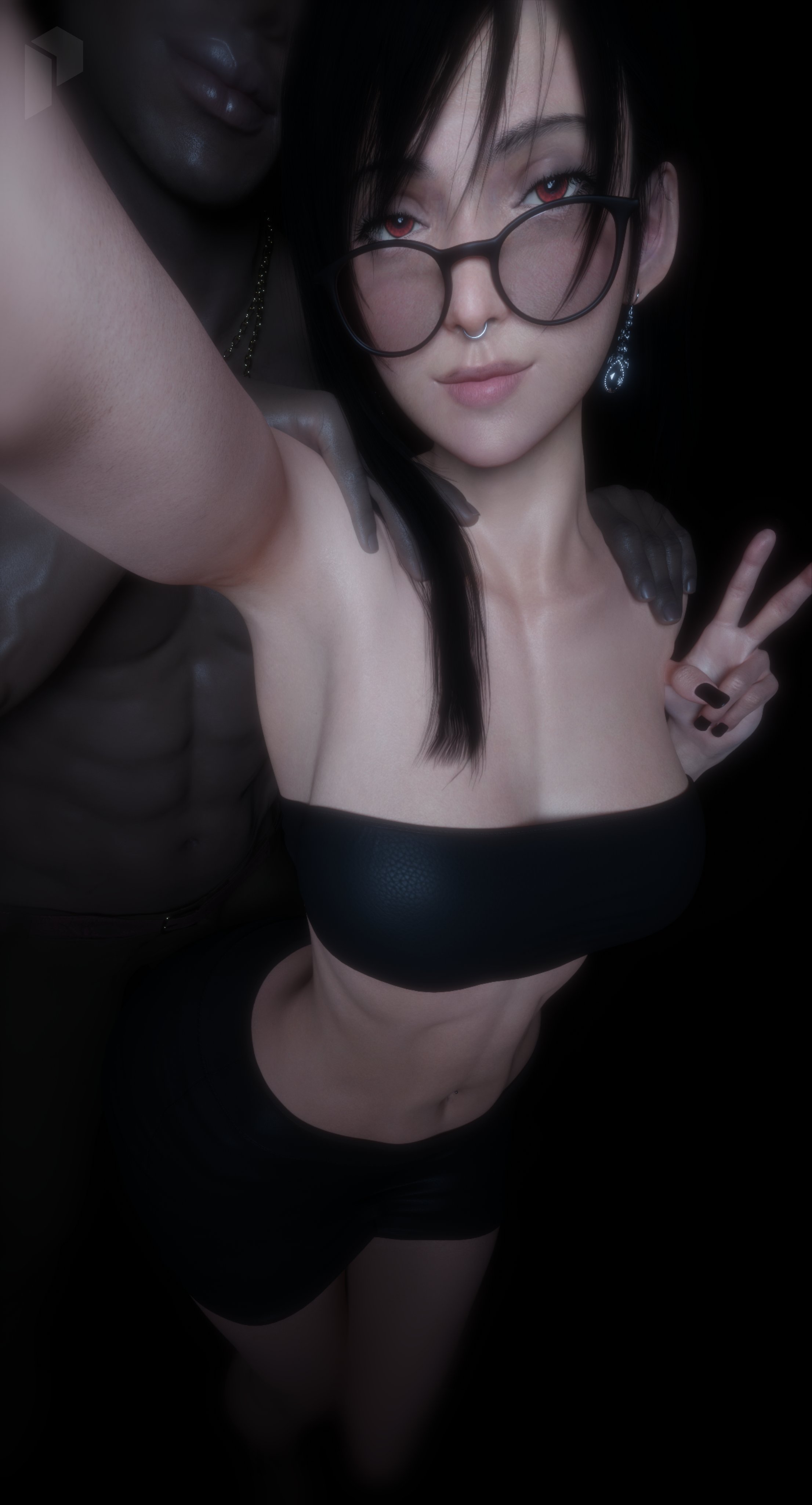 1boy, 1girls, 2025, 3d, bare midriff, black nail polish, crop top, dark skin, dark-skinned male, duo, earrings, eyeglasses, female, final fantasy, final fantasy vii, final fantasy vii remake, front view, glasses, glasses on nose, hand on partner's shoulder, interracial, legs together feet apart, long fingernails, long hair, looking at viewer, male, male/female, midriff, nail polish, navel, no nude, no nudity, non nude, non-nude, nose piercing, painted nails, peace sign, peezo3d, pink lipstick, red eyes, selfie, selfie pose, shorts, shoulder grab, skimpy, skimpy clothes, straight, strapless top, tifa lockhart, topless male, very long hair