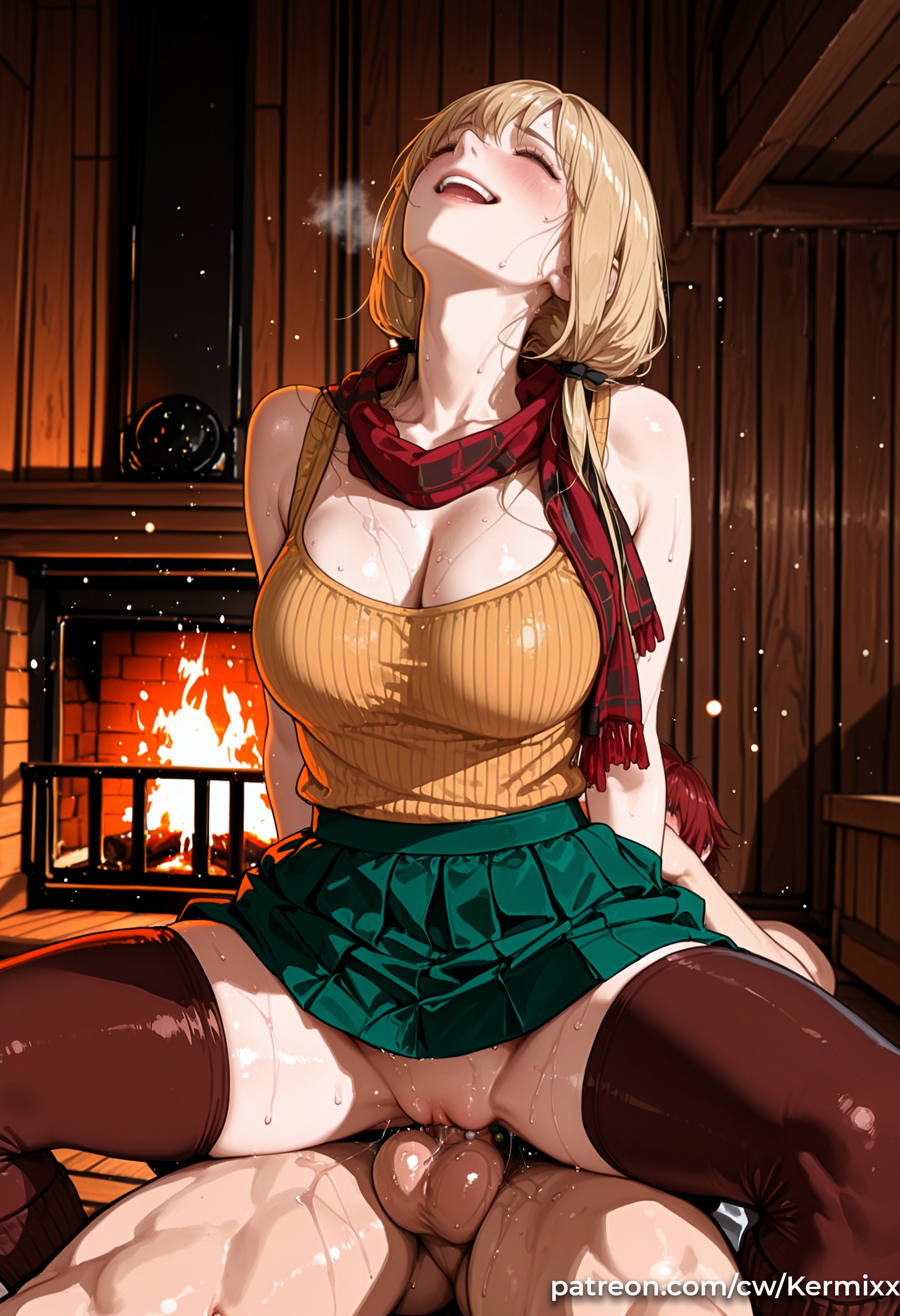 1boy, ai generated, ashley graham, bangs, bare shoulders, blonde hair, blush, breasts, cleavage, closed eyes, clothed female nude male, clothed sex, cowgirl position, female, fire, fireplace, green skirt, indoors, kermixx, large breasts, long hair, miniskirt, no panties, nude, open mouth, penis, pleated skirt, pussy, pussy juice, red scarf, resident evil, resident evil 4, resident evil 4 remake, resident evil 9: requiem, reverse cowgirl position, scarf, sex, sex from behind, skirt, sleeveless, smile, solo focus, spread legs, straddling, straight, sweat, tank top, testicles, thighhighs, uncensored, vaginal penetration
