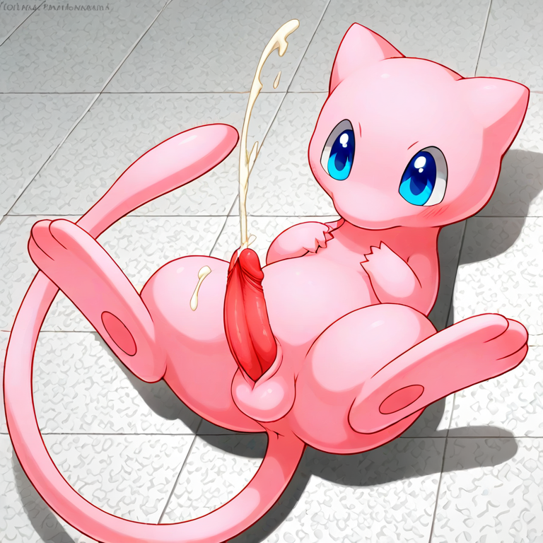 ai_generated cumshot curious ejaculation mew penis pokemon pokemon_(species) wide_hips