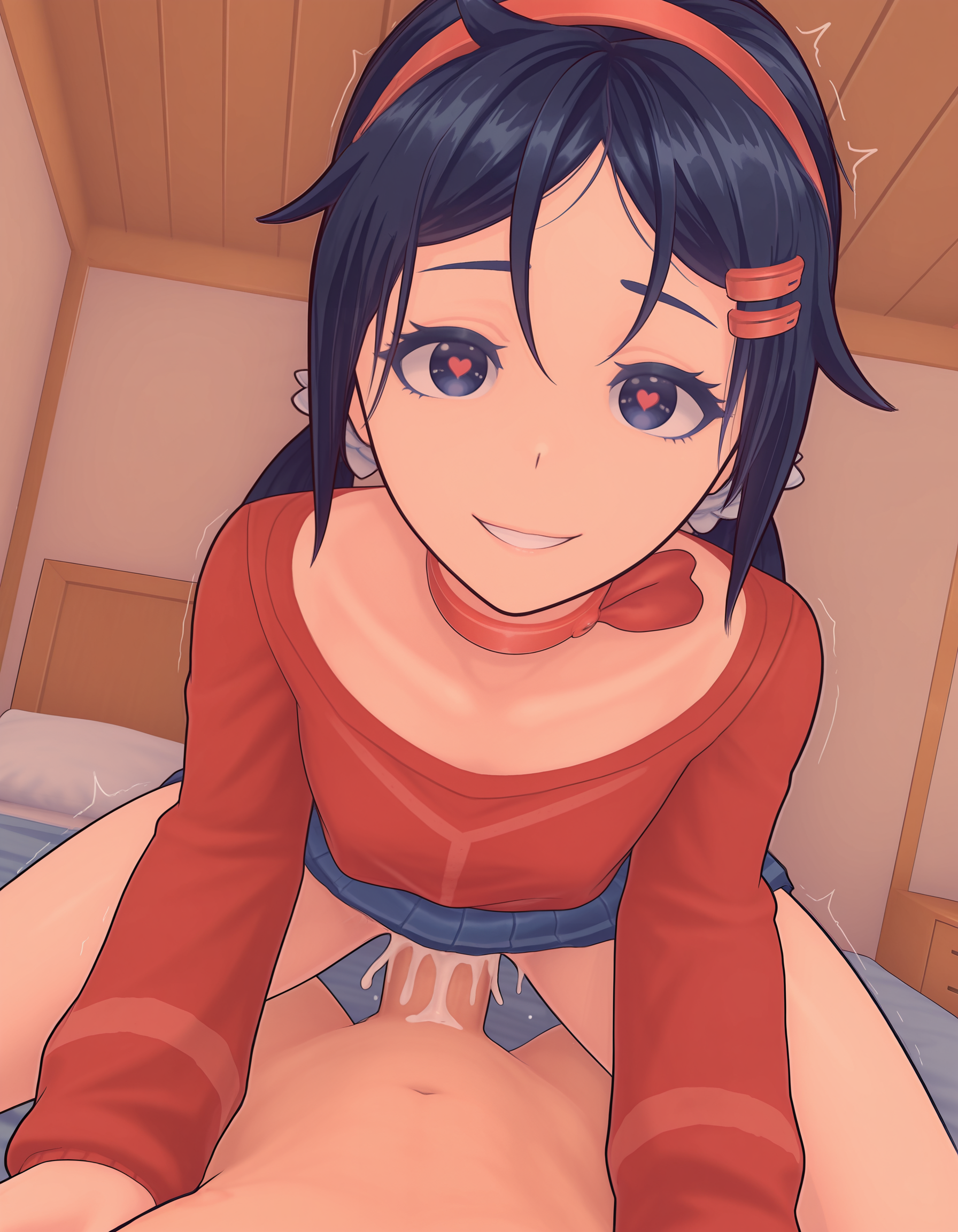 3d, ai generated, blue eyes, blue hair, choker, cowgirl position, crazy mita (miside), cum, cum inside, dominant female, female, female on top, hair ornament, heart eyes, heart-shaped pupils, miside, mita (miside), tagme, username37372
