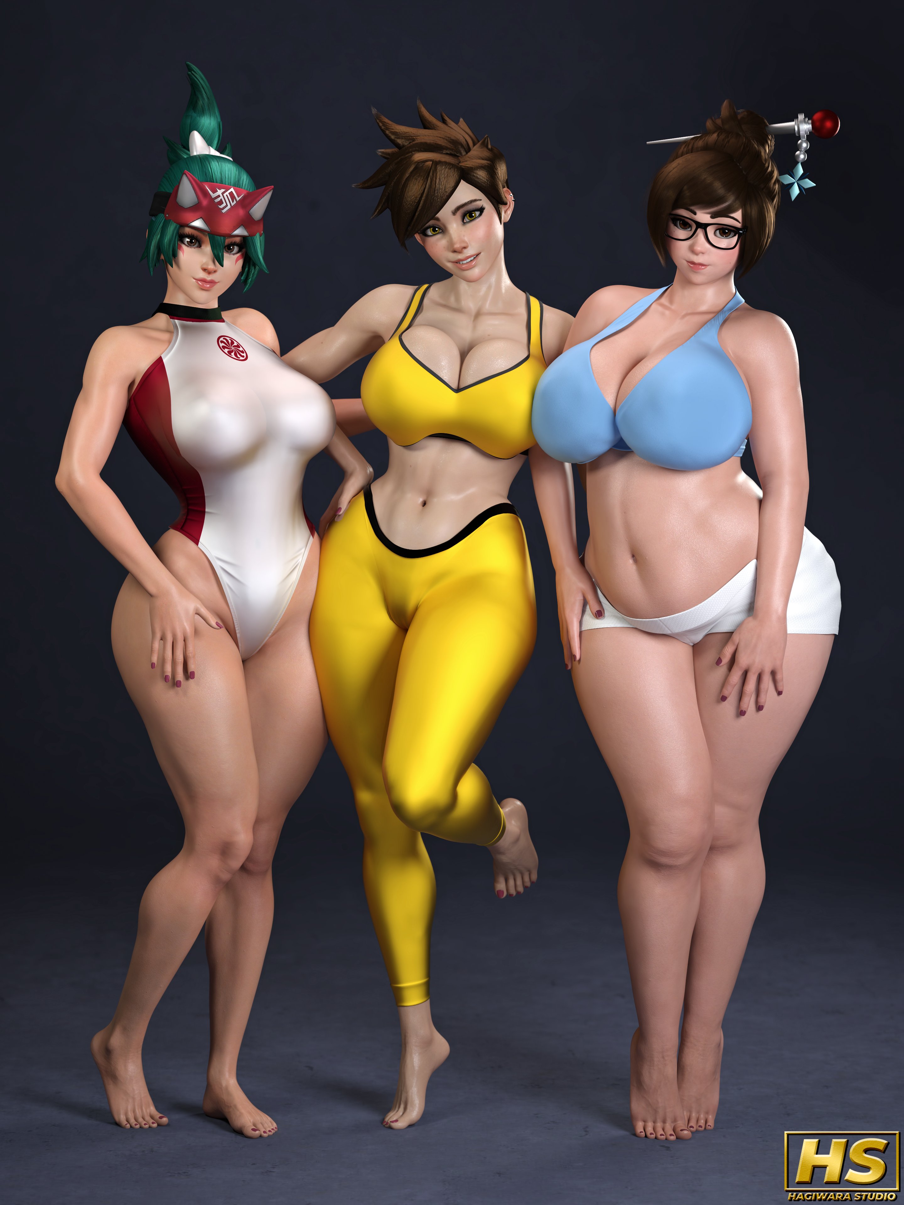 3d, 3girls, ass, big ass, big breasts, breasts, british female, brown hair, brunette, chinese female, chubby female, clothed, clothed female, curvaceous, female, female only, green hair, hagiwara studio, headgear, headwear, japanese female, kiriko (overwatch), mei (overwatch), non nude, overwatch, overwatch 2, skin tight, tagme, thick thighs, tracer, white female