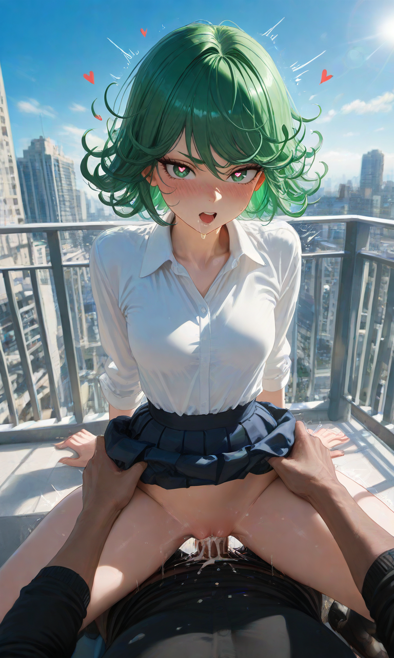 ai ai_generated balcony blush cum cum_in_pussy cum_inside dick_in_pussy drool drooling female green_eyes green_hair heart heart-shaped_pupils no_panties open_mouth pussy sex skirt skirt_lift skirt_up tatsumaki,