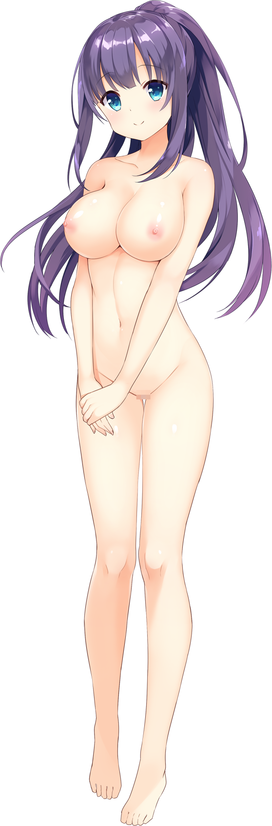 1girls aqua_eyes barefoot blush breasts censored collarbone eyebrows_visible_through_hair female female_only full_body hands_together high_ponytail highres katagiri_tsubame kurasawa_moko large_breasts long_hair looking_at_viewer mosaic_censoring navel nipples nude official_art png purple_hair pussy smile soi_kano_~gyutto_dakishimete~ solo standing thigh_gap transparent_background v_arms