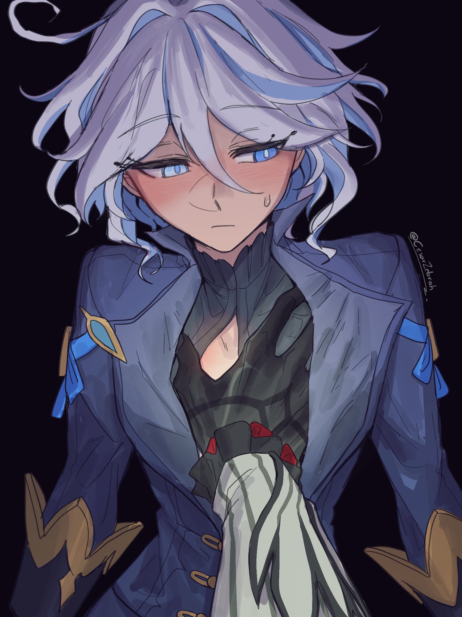 2025, androgynous, arlecchino (genshin impact), artist signature, avoiding eye contact, black background, blue eyes, blue streaks, blush, blushing, cesarzebrah, chest, female, female focus, female only, female/female, femdom, first person view, flat chest, flat chested, full color, fully clothed, furina (genshin impact), genshin impact, gloves, hand under clothes, heterochromia, lesbian, lesbian focus, light skin, looking away, questionable, safe, safe for work, sfw, short hair, solo focus, sweat, sweatdrop, teasing, undressing another, white hair, yuri