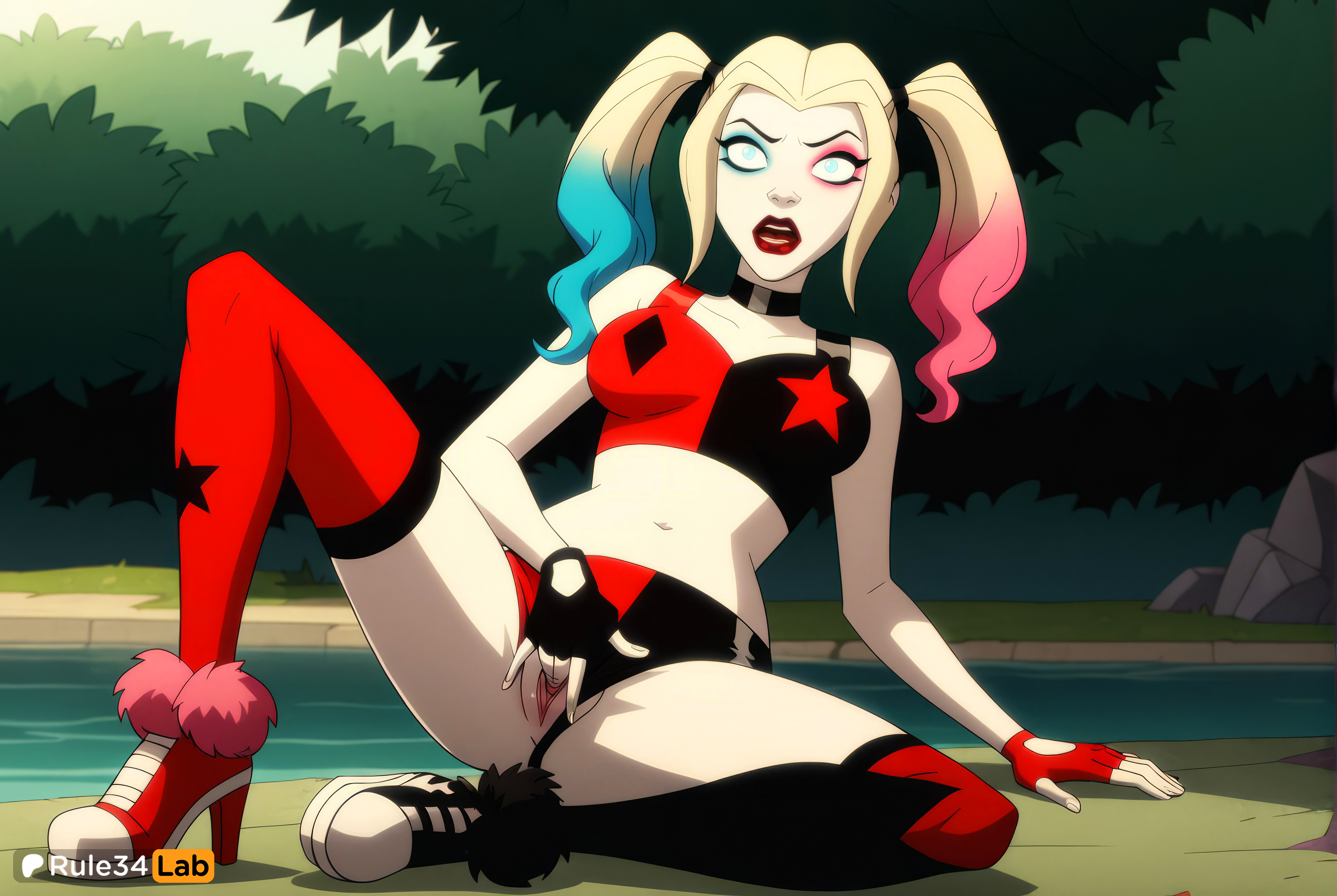 1girls, ai generated, arm support, artist name, black choker, blonde hair, blue eyes, blue hair, boots, breasts, choker, clothing aside, crop top, dc, dc comics, eyeshadow, female, female masturbation, female only, fingerless gloves, gloves, gradient hair, harleen quinzel, harley quinn, harley quinn (series), hbo max, hi res, high heels, lipstick, long hair, makeup, masturbation, medium breasts, micro shorts, midriff, multicolored clothes, multicolored hair, navel, outdoors, pink hair, pussy, red lips, red thighhighs, rule34lab, short shorts, shorts, sitting, solo, spread legs, spread pussy, tank top, thighhighs, twintails, uncensored, underwear, warner brothers