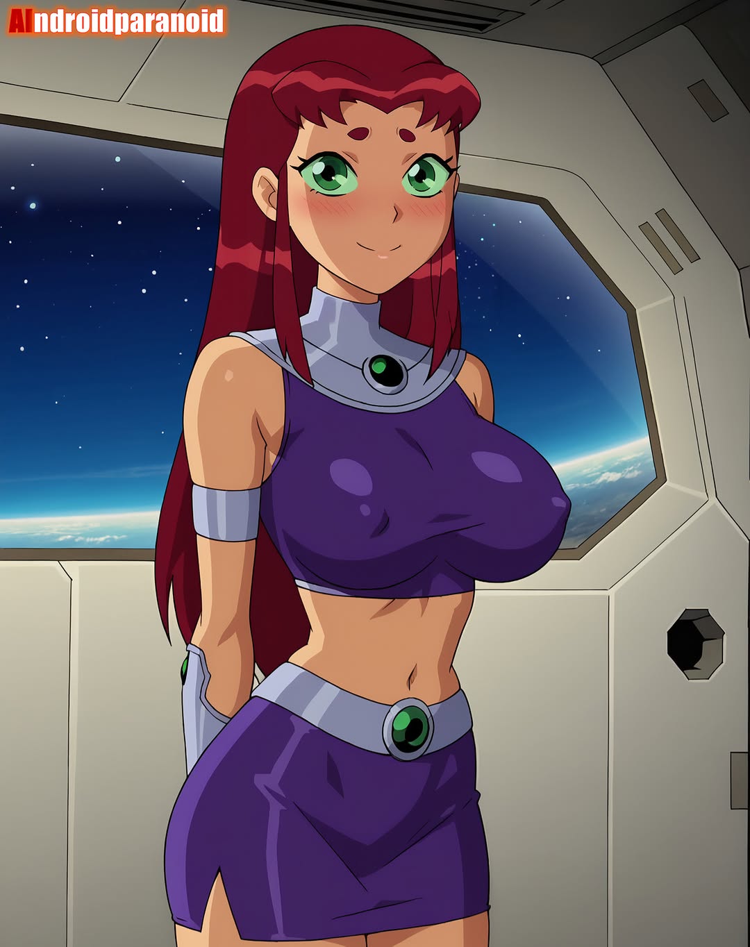 2025, ai generated, aindroidparanoid, cartoon network, dc, dc comics, embarrassed female, female, green eyes, hands behind back, hero, instagram, looking at viewer, meta, orange cheeks, red eyebrows, red hair, spaceship, starfire, starfire (teen titans), teen titans, teenage female