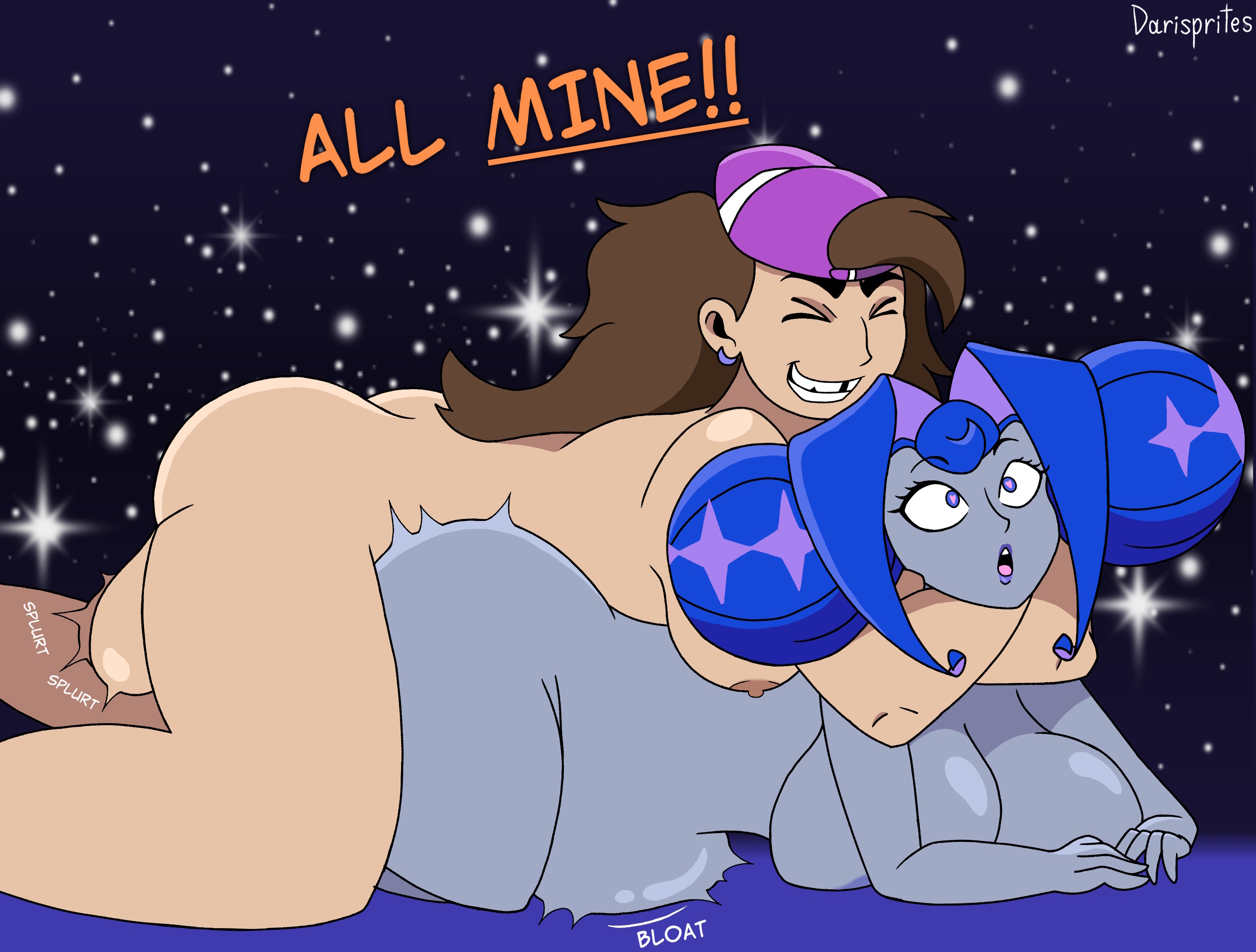 1female, 1futa, ahe gao, ahegao face, backwards baseball cap, backwards cap, backwards hat, balls, balls clench, big ass, big balls, big breasts, big penis, bloated belly, bloated stomach, bloated tummy, blue eyes, breasts, brown hair, buff, chokehold, climax, cum, cum filled, cum in pussy, cum inflated belly, cum inside, cumflation, curvy, curvy female, darisprites, female, female penetrated, frankie (knights of guinevere), furrowed eyebrows, futa on female, futadom, futanari, gasp, gray body, grey body, grey skin, grin, gritted teeth, gritting teeth, gwen (knights of guinevere), heart eyes, heart-shaped pupils, hi res, high resolution, highres, huge ass, huge balls, huge breasts, huge butt, huge cock, huge cumshot, huge testicles, huge thighs, inflation, intersex, knights of guinevere, muscles, muscular, muscular arms, muscular futa, open mouth, orgasm, penis, plap, plapping, princess guinevere, purple hat, pussy, rough sex, simple background, stars, stomach bulge, testicles, text, vaginal penetration