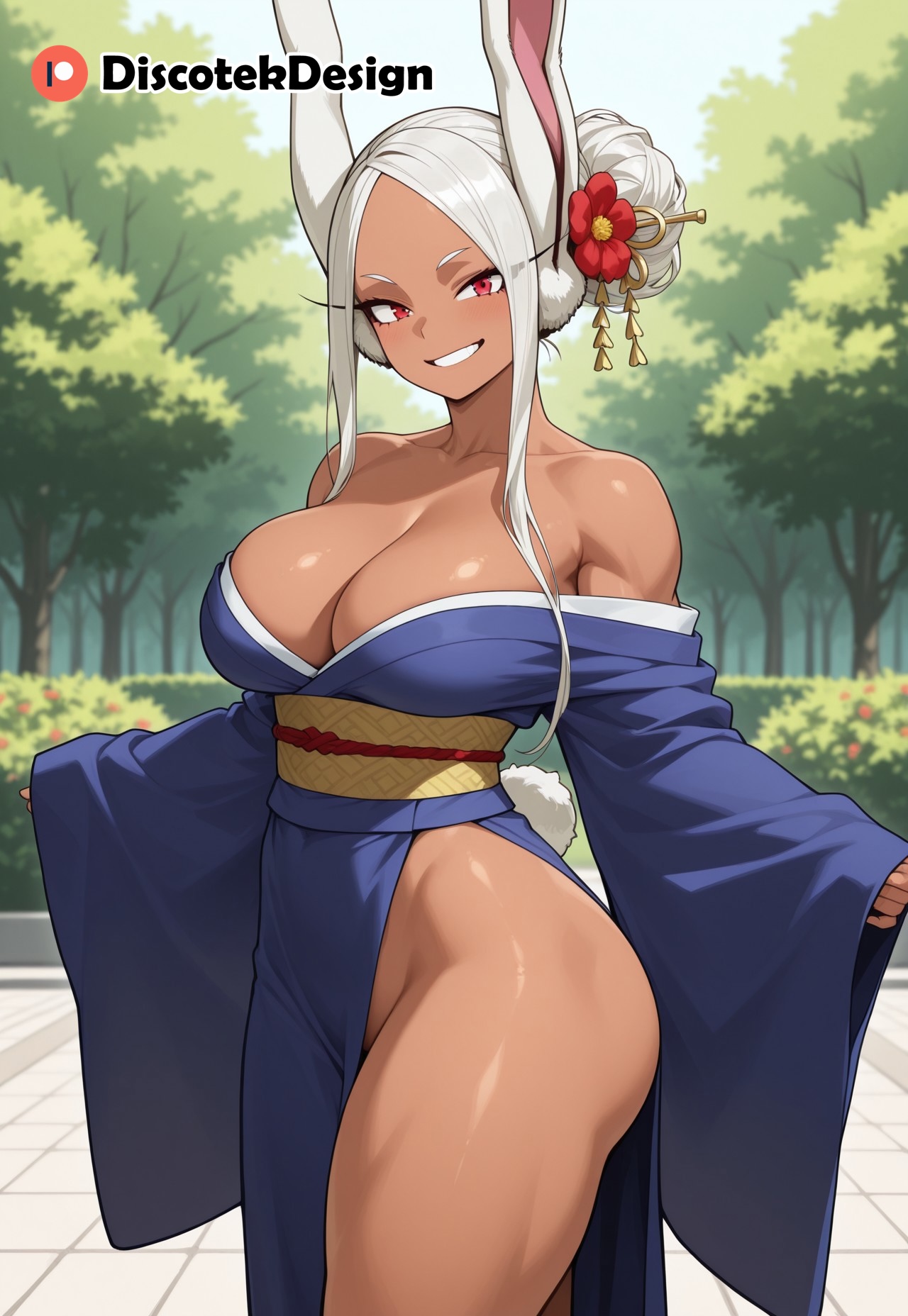 1girls, ai generated, ass, big breasts, boku no hero academia, breasts, dark skin, dark-skinned female, discotekdesign, female, heroine, kimono, looking at viewer, mirko, miruko, muscle mommy, muscles, muscular female, my hero academia, red eyes, rumi usagiyama, smile, thick ass, thick thighs, white hair