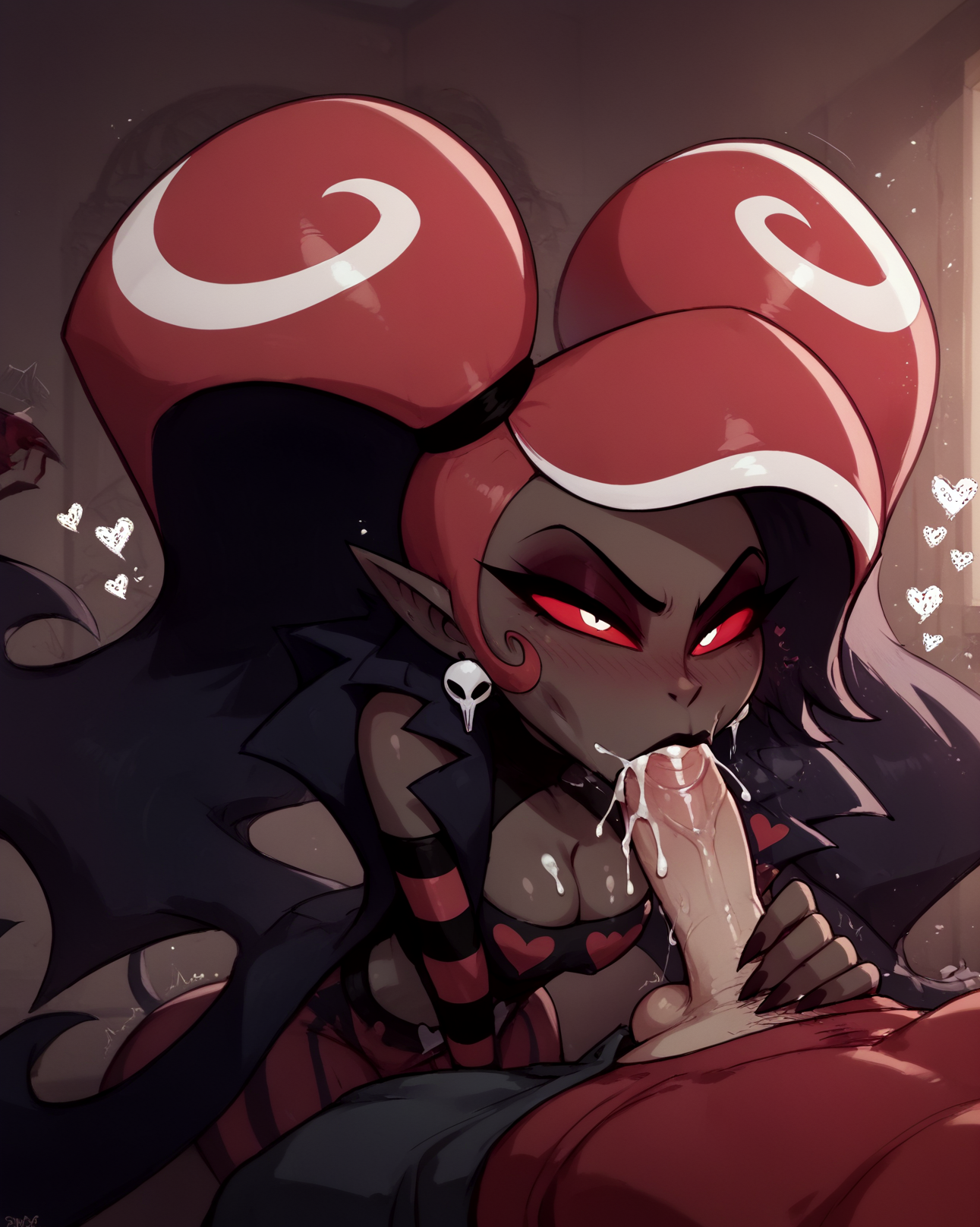 1boy, 1girls, ai generated, blowjob, blowjob face, breasts, dark skin, fellatio, female, hazbin hotel, lustful mind, male, male/female, penis, red eyes, tagme, twintails, velvette
