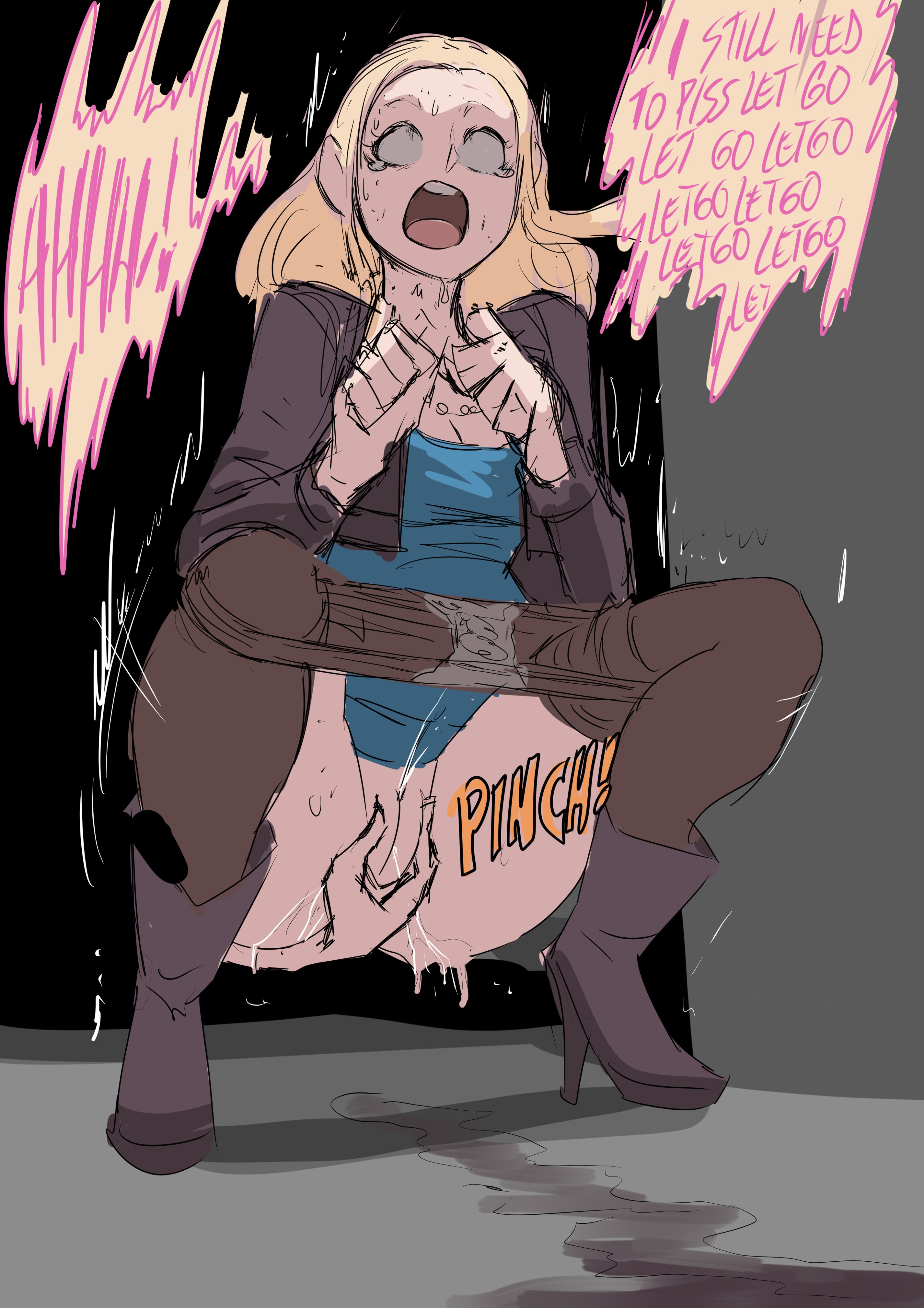 1girls, 1other, begging, begging to pee, biku, blonde hair, blue dress, breasts, cleavage, cropped jacket, dress, dress lift, english text, female, large breasts, long hair, necklace, onomatopoeia, original, original character, panties, panties under pantyhose, panty pull, pantyhose, pantyhose pull, pee denial, pee squat outdoors, peeing, pinch, pinching pussy, pussy, pussy pinching, short jacket, solo, stained panties, suprised, suprised expression, suprised look, wet, wet panties