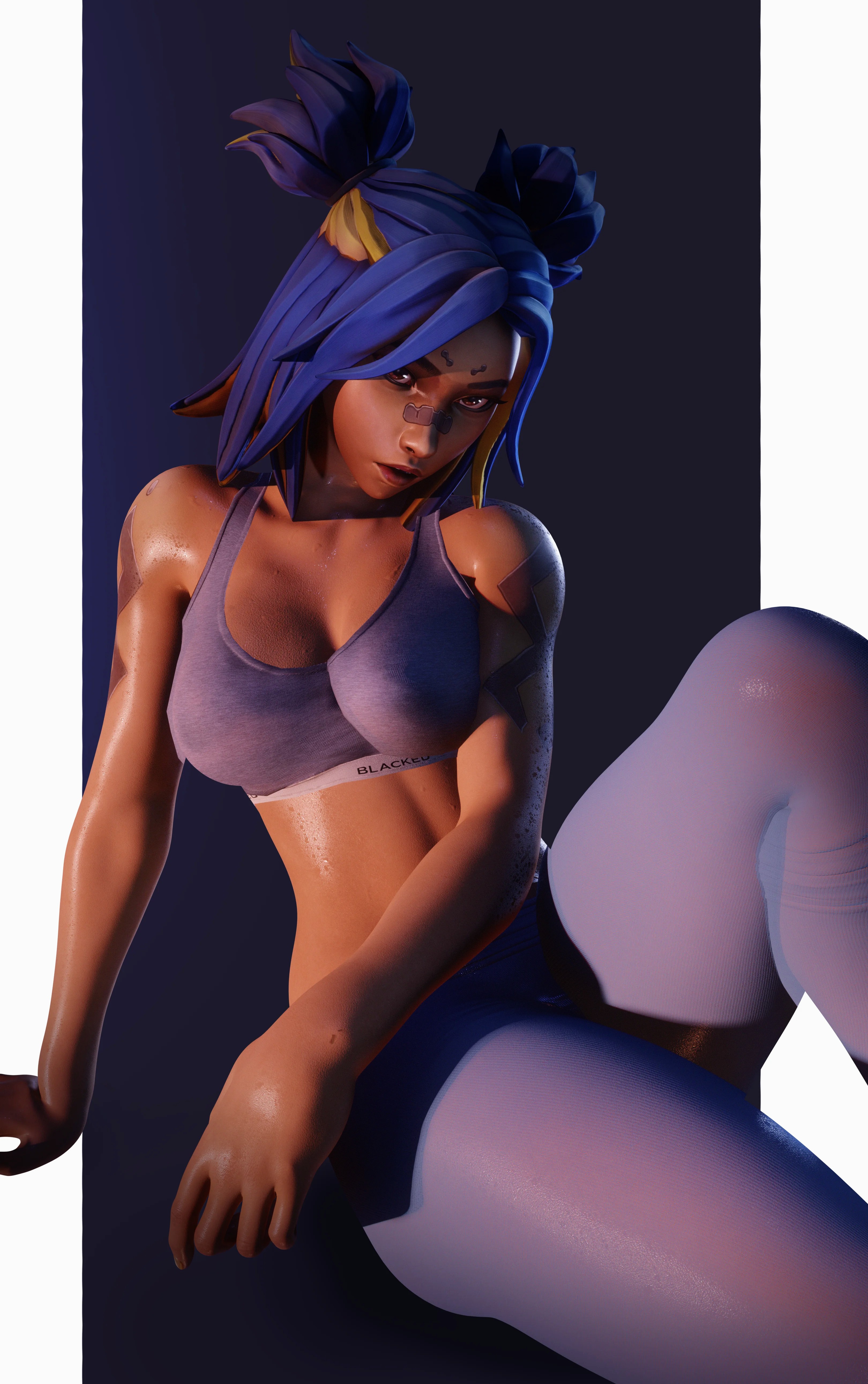1girls, big areola, big breasts, big nipples, blacked, blacked clothing, blue hair, bra, breasts, female, filipina, filipino female, gym, gym clothes, leggings, midriff, miika3d, neon (valorant), nipples visible through clothing, see-through, see-through clothing, sports bra, sweat, sweatdrop, sweating, sweaty, toned, toned female, valorant