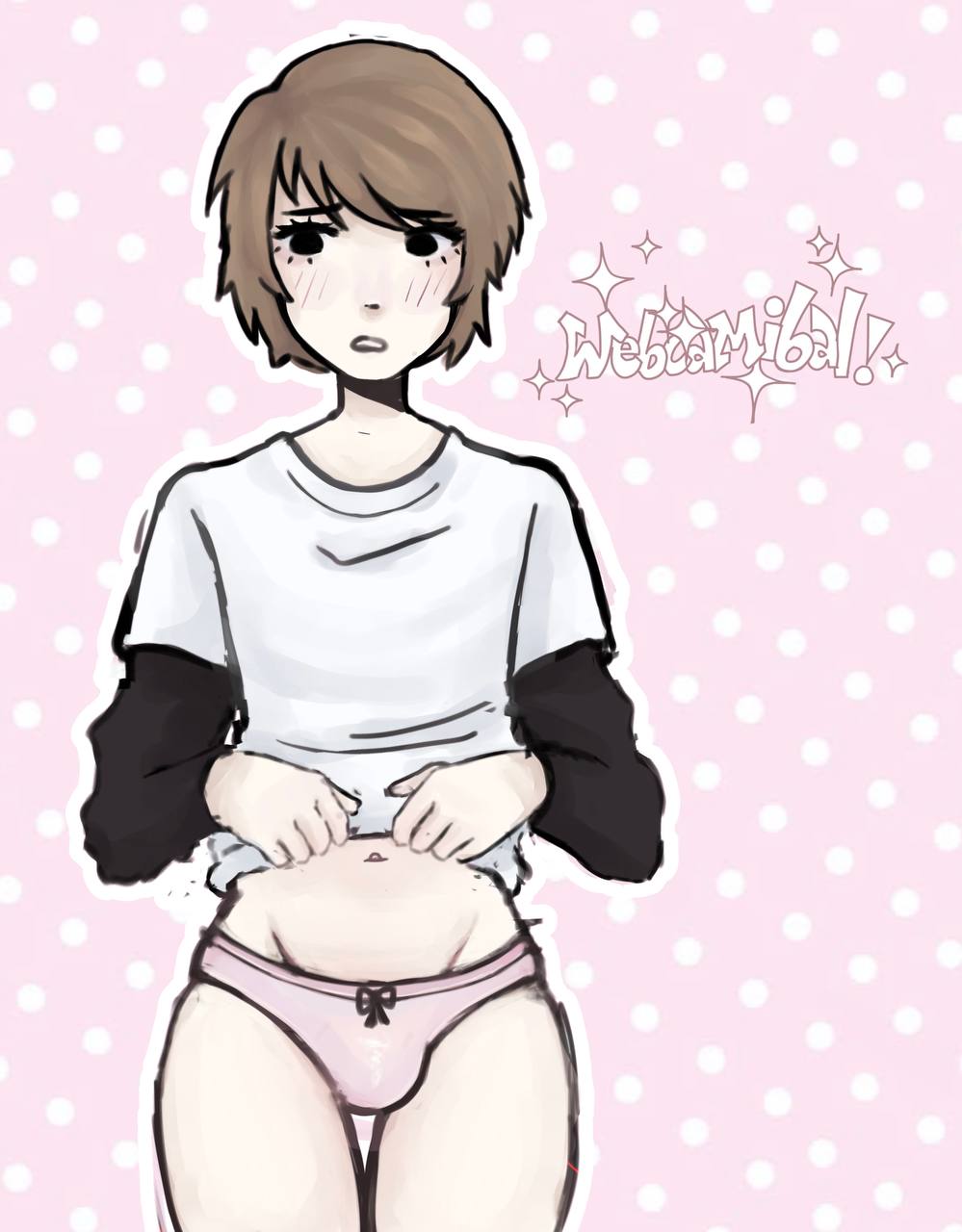 1girls, 2d, 2d (artwork), 2d artwork, andrew blaze, arm warmers, artist watermark, black arm warmers, black eyes, black ribbon, blush, blush lines, brown hair, bulge, bulge through clothing, bulge under clothes, digital, digital art, digital drawing, digital drawing (artwork), digital media, digital media (artwork), digital painting (artwork), egs, ember's ghost squad, female, female focus, female only, lifting, lifting shirt, light brown hair, light skin, panties, pastel, pastel colors, pink background, pink panties, polka dot background, randy stair, real person, shirt lift, short hair, solo, solo female, solo focus, sparkles, tcc, teeceecee, trans woman, transfem, transgender, transgender woman, true crime, true crime community, webcamibal, white polka dots, white shirt