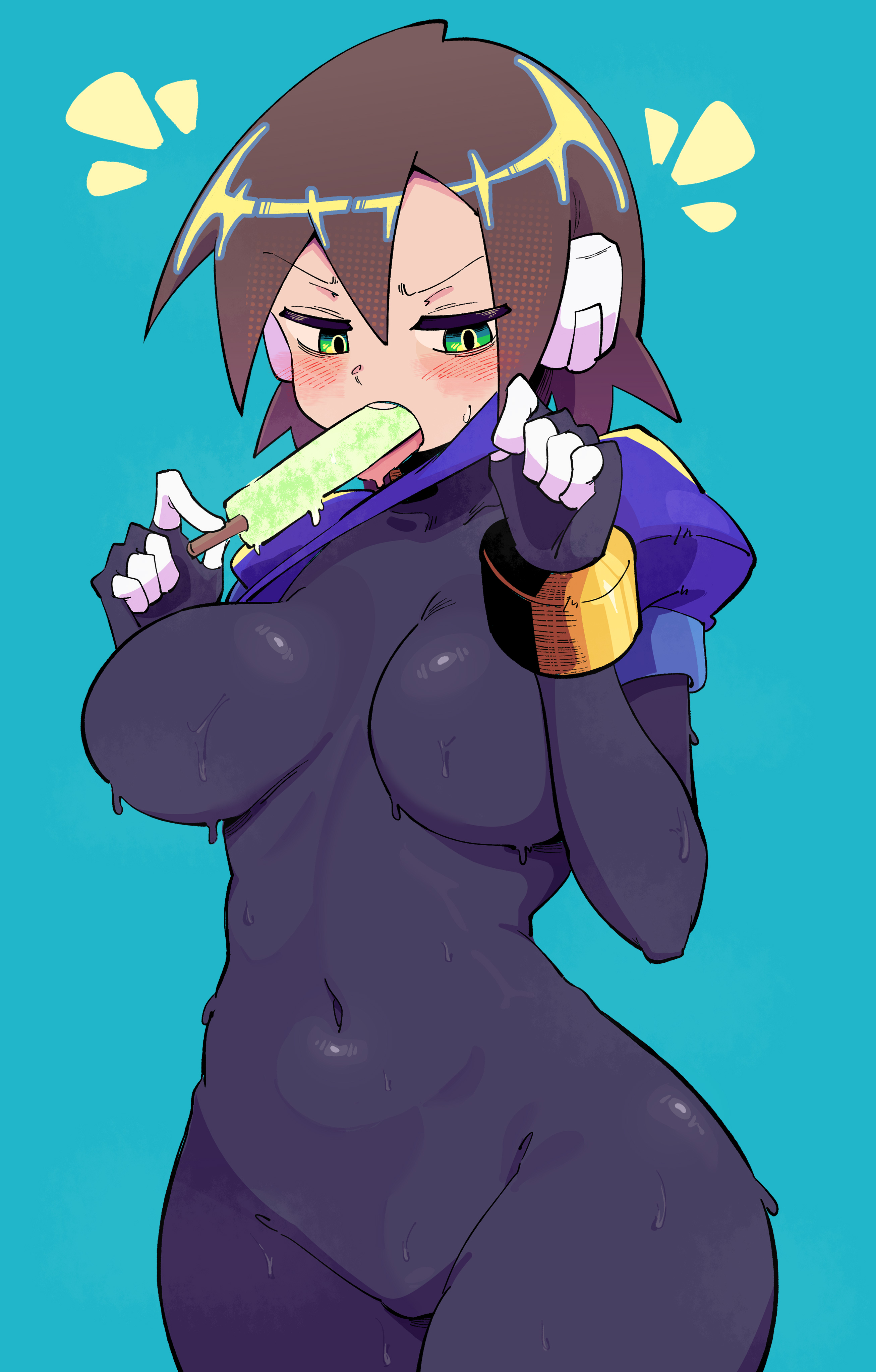 1girls, aile, breasts, buzzlyears, female, food, food in mouth, functionally nude, large breasts, large hips, licking popsicle, mega man, mega man zx, popsicle, popsicle in mouth, slender waist, tongue, v-shaped eyebrows