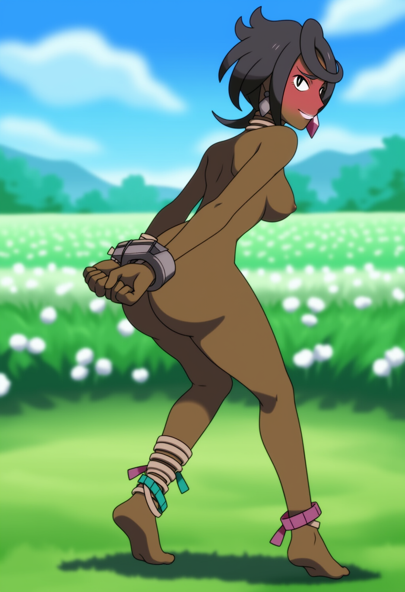 1girls, artist request, ass, big breasts, bondage, breasts, dark skin, feet, female, femsub, field, full body, handcuffs, mature female, naked, olivia (pokemon), pokemon, pokemon (anime), restrained, solo, source request, tagme