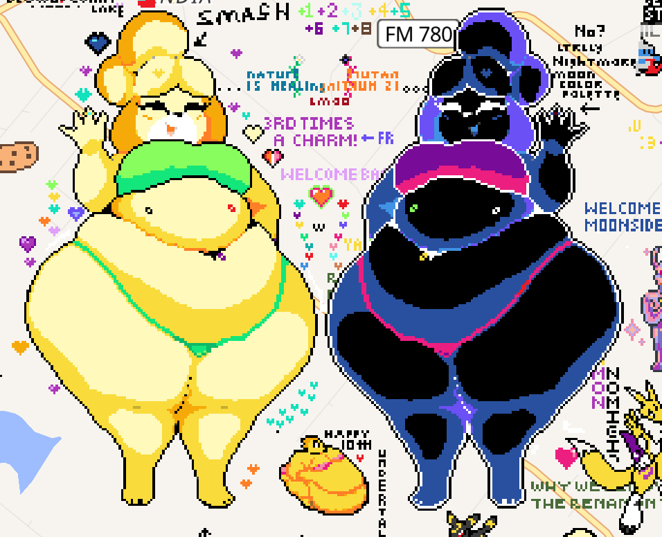 animal crossing, animal humanoid, anthro, bbw, belly, bikini, blush, closed eyes, clothed, fat, female, furry, furry female, isabelle (animal crossing), pixel art, text, wplace, wplace (artwork), yellow fur
