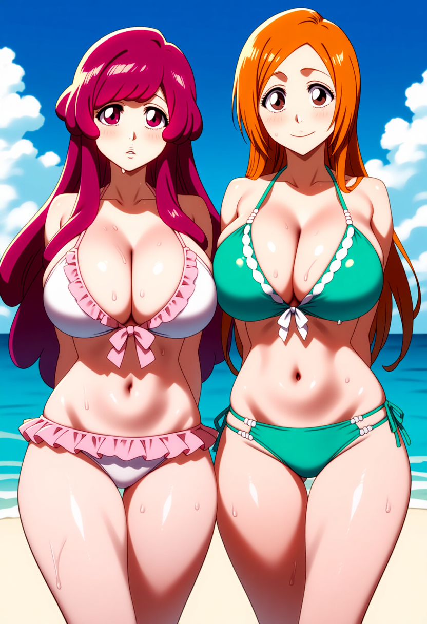 2girls, ai generated, ass, beach, big ass, big breasts, big butt, bikini, bleach, bleach: the thousand-year blood war, blush, blushing female, blushing profusely, breasts, breasts to breasts, breath, bubble ass, bubble butt, cleavage, deep cleavage, dripping, female, female only, huge ass, huge breasts, inoue orihime, large breasts, massive breasts, meninas mcallon, narrow waist, posing, posing for the viewer, self upload, sweatdrop, sweating, sweaty, sweaty ass, sweaty body, sweaty breasts, sweaty butt, thick nipples, thick thighs, wide hips, yeetyboi5000, yuri
