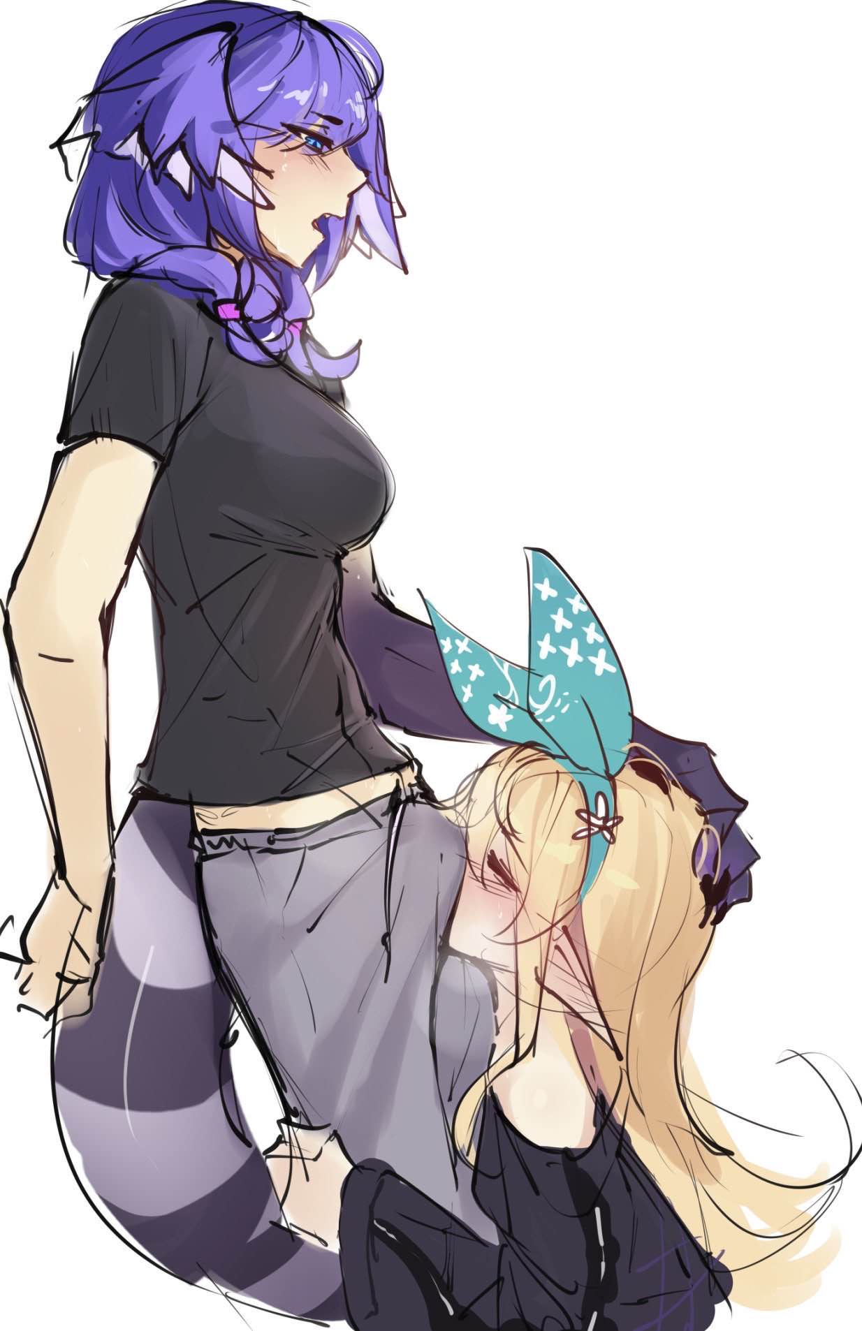 1futa, 1girls, blush, breasts, bulge, bulge sniff, bulge sniffing, bulge through clothing, bulge under clothes, female, fully clothed, futa on female, futanari, intersex, medium breasts, nijisanji, nijisanji en, pomu rainpuff, ricegnat, selen tatsuki, smell, smelling, smelling penis, sniffing, tagme, tagme (character), trans woman, virtual youtuber