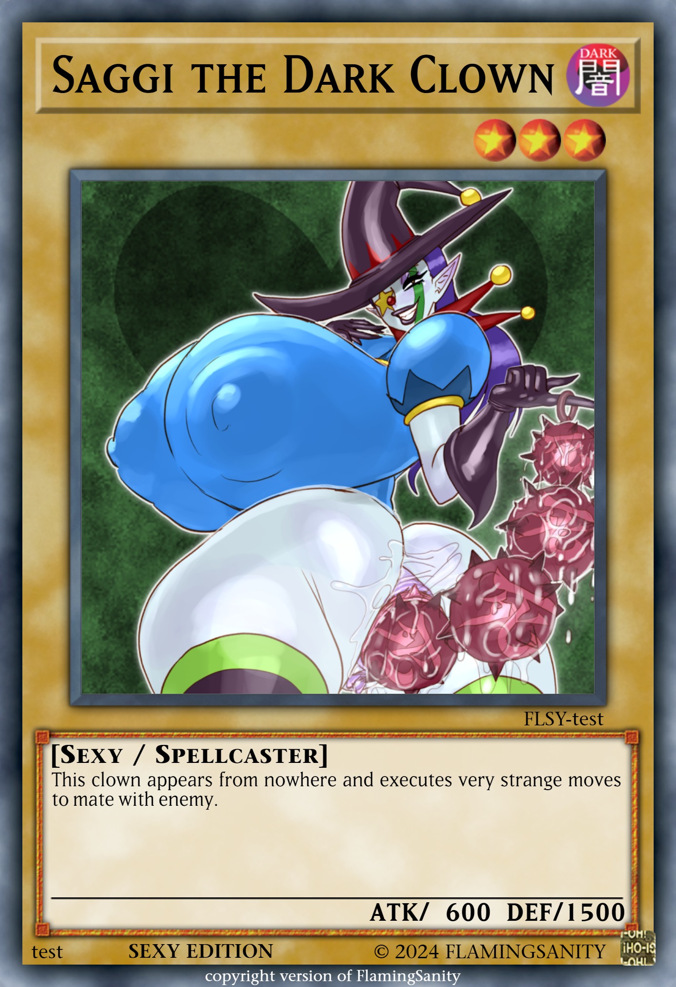 anal beads, anal beads in ass, anal beads pull, ass, balls, breasts, bubble ass, bubble butt, clown, clown girl, female, flamingsanity, huge ass, huge balls, huge breasts, hyper, looking at viewer, lube, lube in ass, male, monster, monster girl, nipples visible through clothing, saggi the dark clown, smug, smug face, spiked anal beads, stockings, wide hips, yu-gi-oh!, yu-gi-oh! card