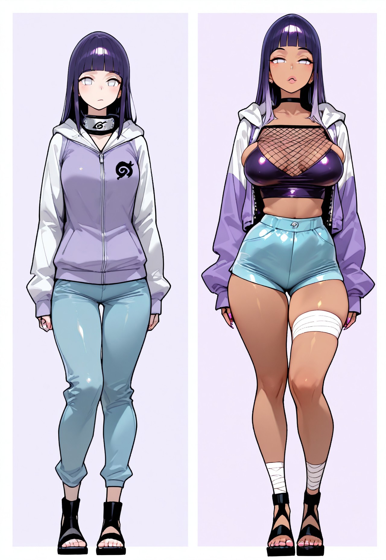 1girls, ai generated, before and after, bimbo, bimbo body, bimbo lips, bimbofication, black hair, breasts, dark hair, female, female only, fishnets, hyuuga hinata, jacket, jacket open, jeans, large breasts, long hair, narrow waist, naruto, naruto (series), naruto shippuden, open jacket, sandals, sfw, shorts, side-by-side, tanned female, tanned skin, transformation, transformation sequence, white eyes, wide hips
