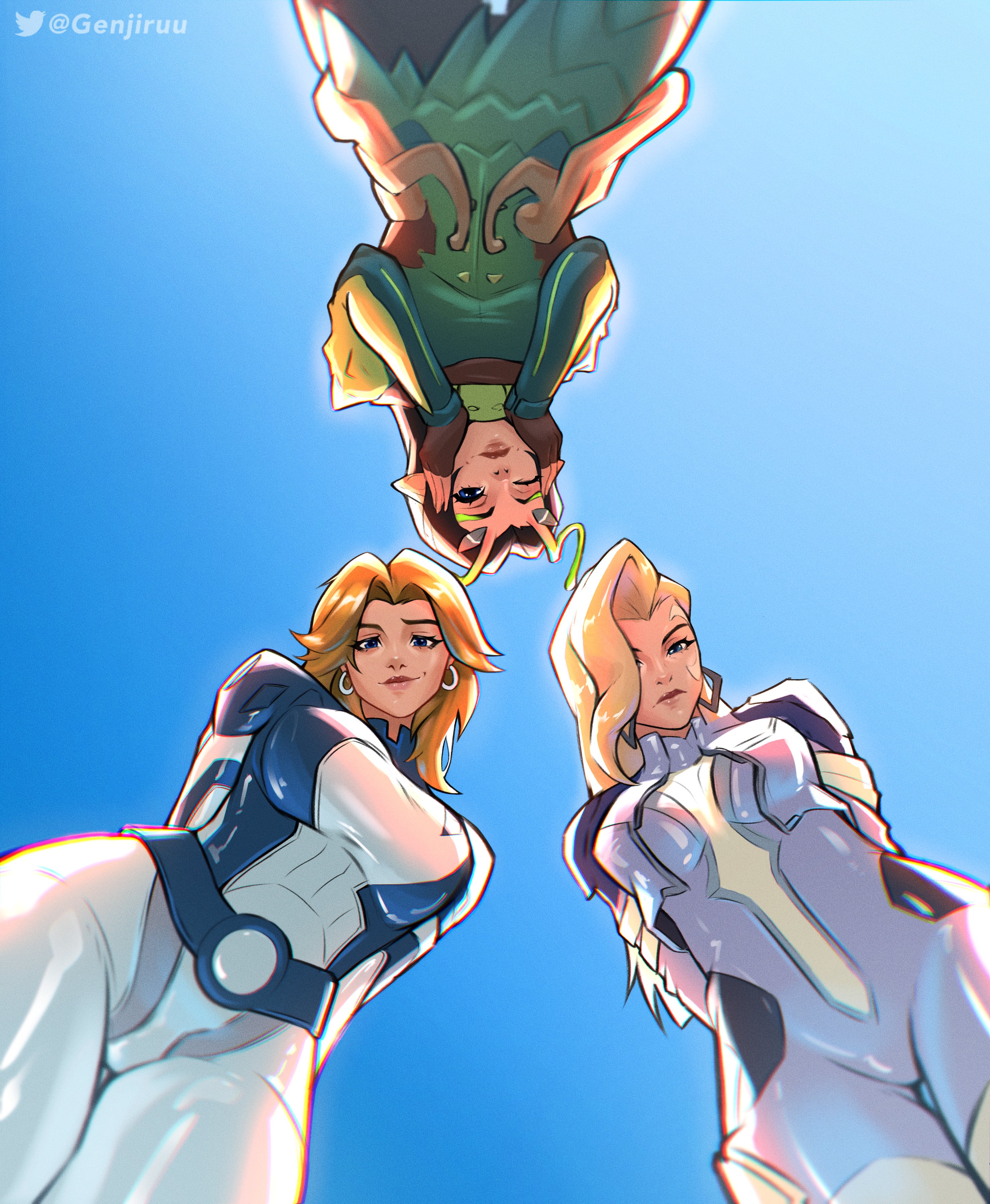 2d, 3girls, big breasts, black hair, blonde hair, blue eyes, breast size difference, breasts, clothed, clothed female, dagger (marvel rivals), dagger (marvel), female, genjiruu, invisible woman, invisible woman (marvel rivals), large breasts, looking at viewer, looking down, looking down at viewer, mantis (marvel rivals), mantis (marvel), marvel, marvel comics, marvel rivals, nipple bulge, skintight, snowbunny, sue storm, tandy bowen, thick thighs, thigh gap, wide hips