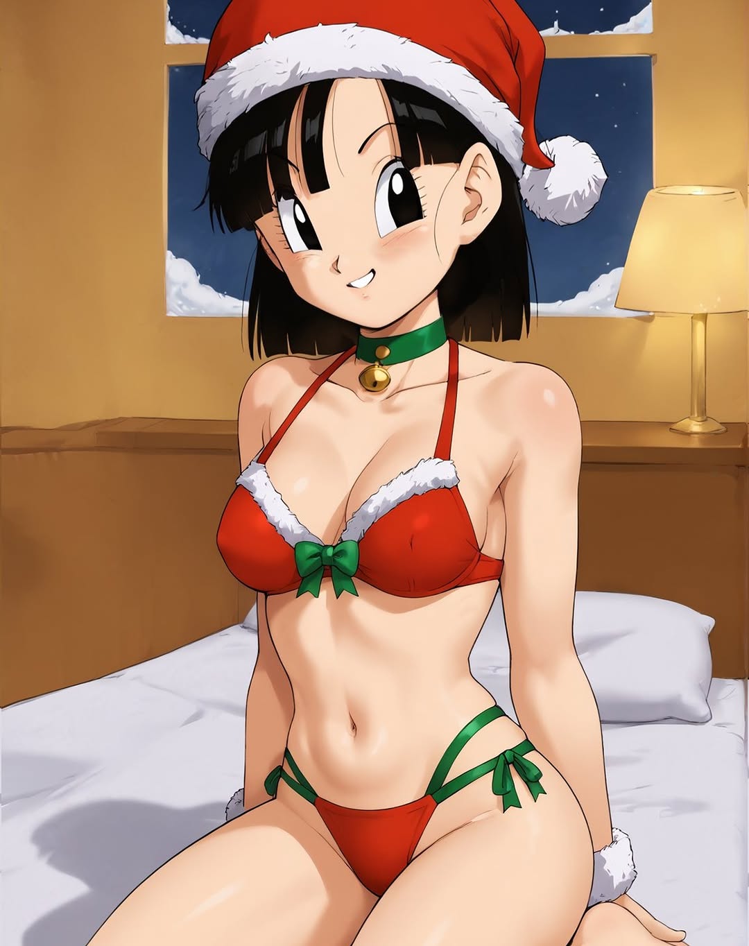 2025, ai generated, black eyes, black hair, bracelet, bracelets, christmas bikini, christmas bra, christmas bracelet, christmas bracelets, christmas hat, christmas neck, christmas outfit, christmas panties, dragon ball, dragon ball gt, dragon ball super, dragon ball z, female, instagram, lindapandbz, meta, orange cheeks, pan (dragon ball), sitting